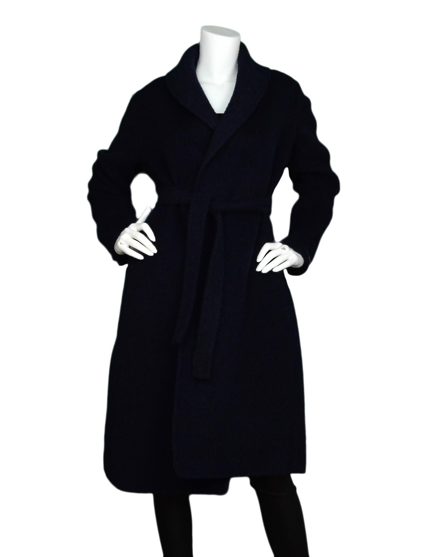 'S Max Mara Navy Wool Blend Wrap Coat W/ Belt Sz 10

Made In: Romania
Color: Navy
Materials: 56% wool, 38% alpaca, 4% angora rabbit, 2% cotton
Lining: 100% silk
Opening/Closure: Tie belt
Overall Condition: Excellent pre-owned condition