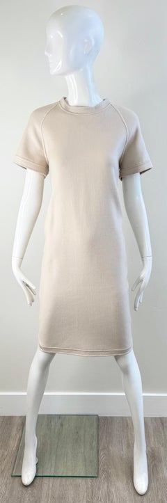 ’S MaxMara Cucito a Mano Beige Wool Short Sleeve Dress Minimalist Luxury Italy