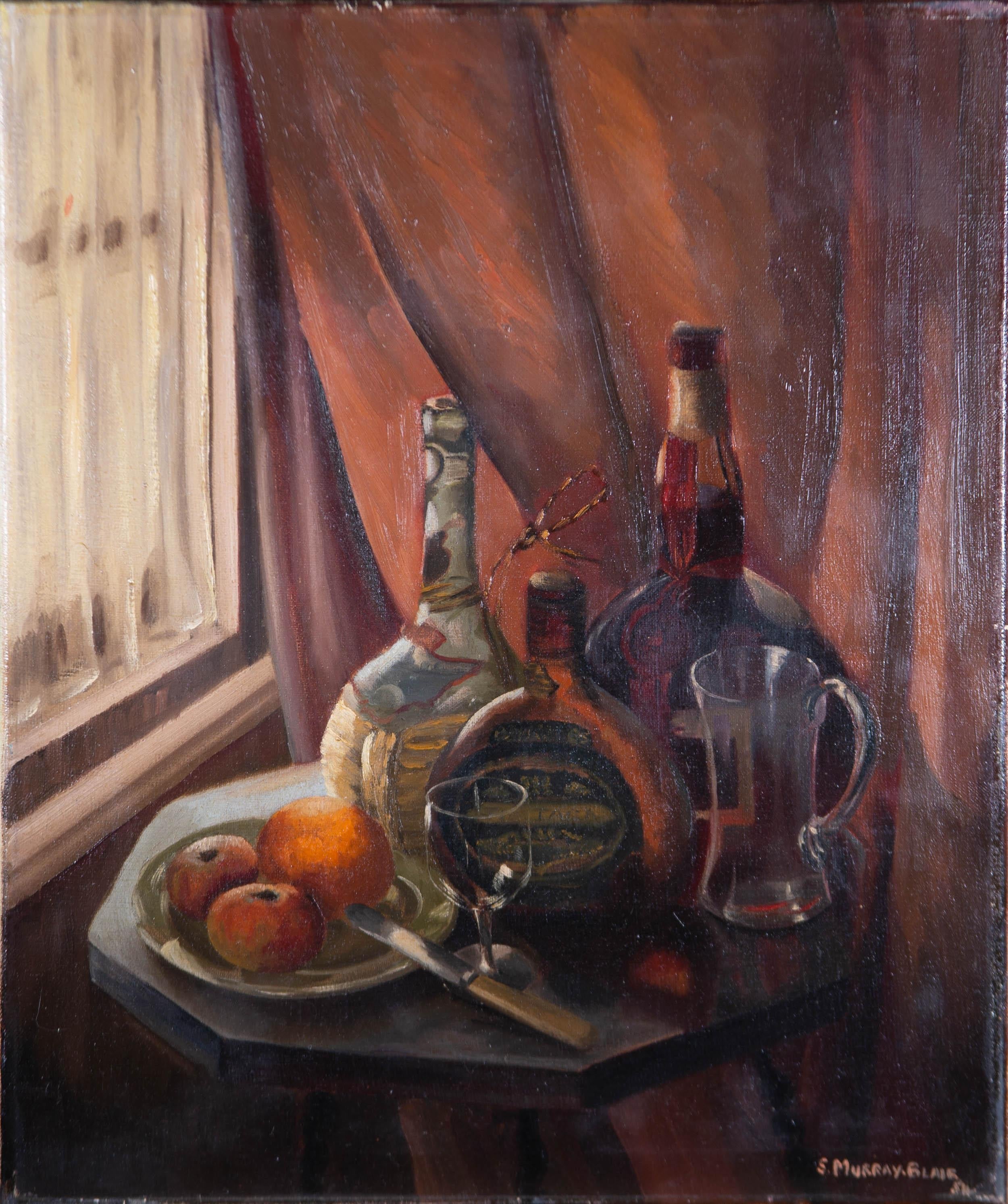 A fine oil painting by S. Murray-Blair, depicting an interior scene with bottles, glasses and fruit on a small table. On Geo Rowney, London stretches canvas. Signed to the lower right-hand corner.d.
