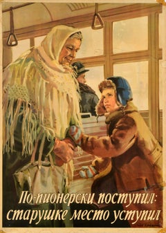 Originales sowjetisches Vintage-Poster Pioneer Polite Conduct Respekt gegenüber Älteren UdSSR Kunst