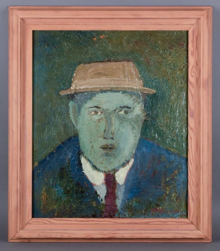 Modernist portrait of a man
S. O. Lingwall, Swedish artist.
Oil on board.
Modernist portrait of a man
Title: ”Porträtt av ungdomskamrat”.
Bold brushstrokes. 
Mid-20th century.
Exhibition label on the back.
In excellent condition with minimal