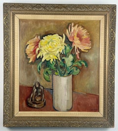 Still Life Framed Floral Oil Painting with Dahlias
