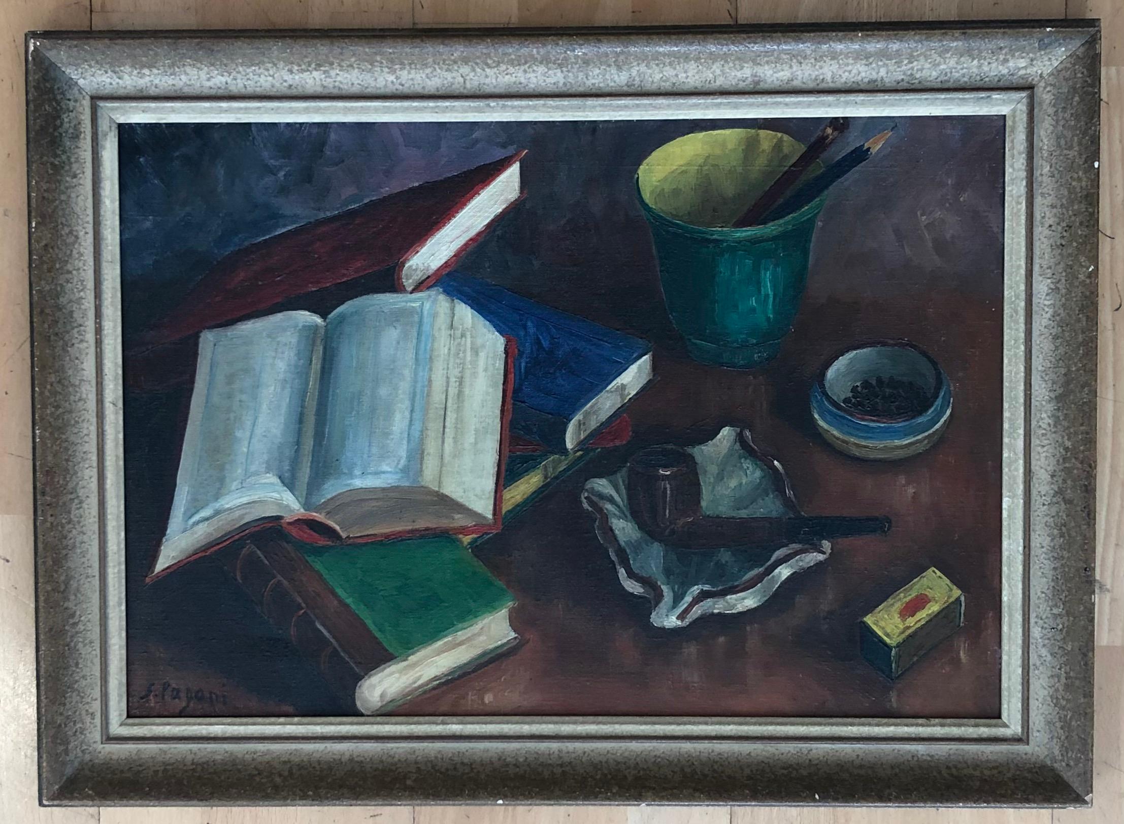 Still life with books and a pipe - Painting by  S. Pagani