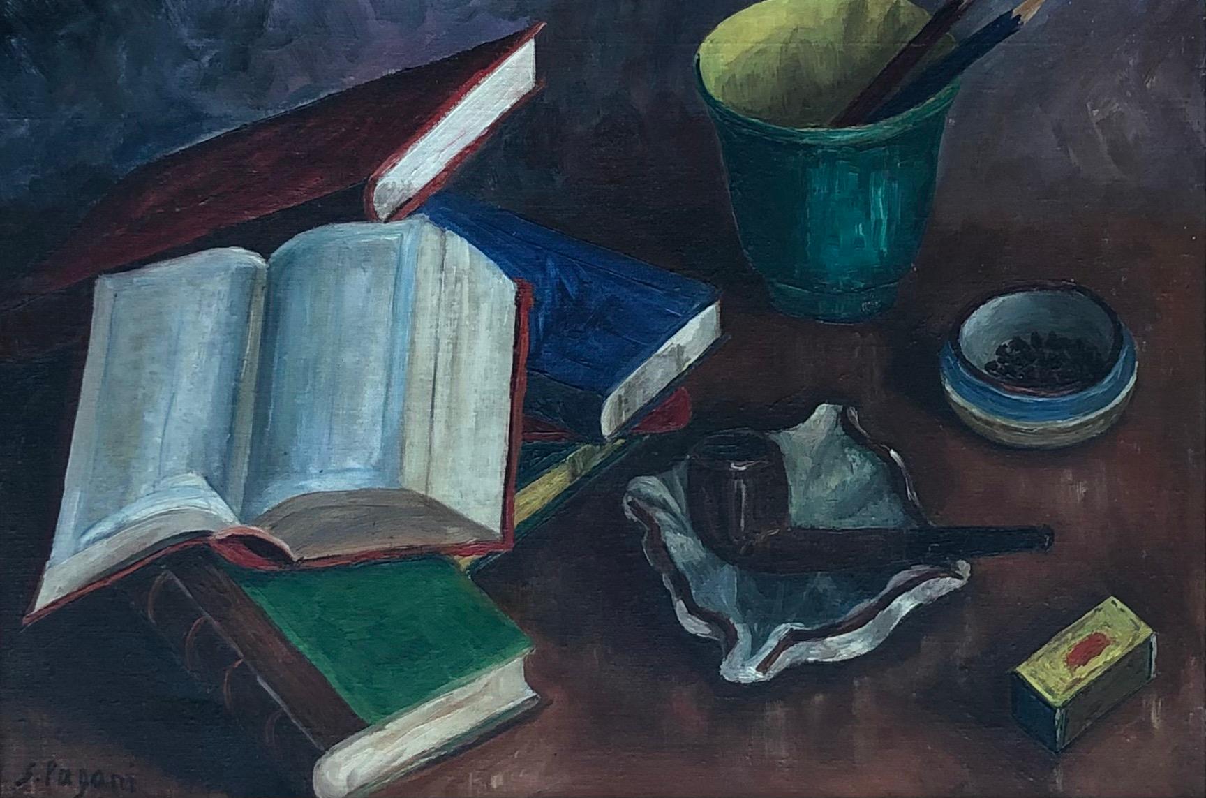  S. Pagani Still-Life Painting - Still life with books and a pipe