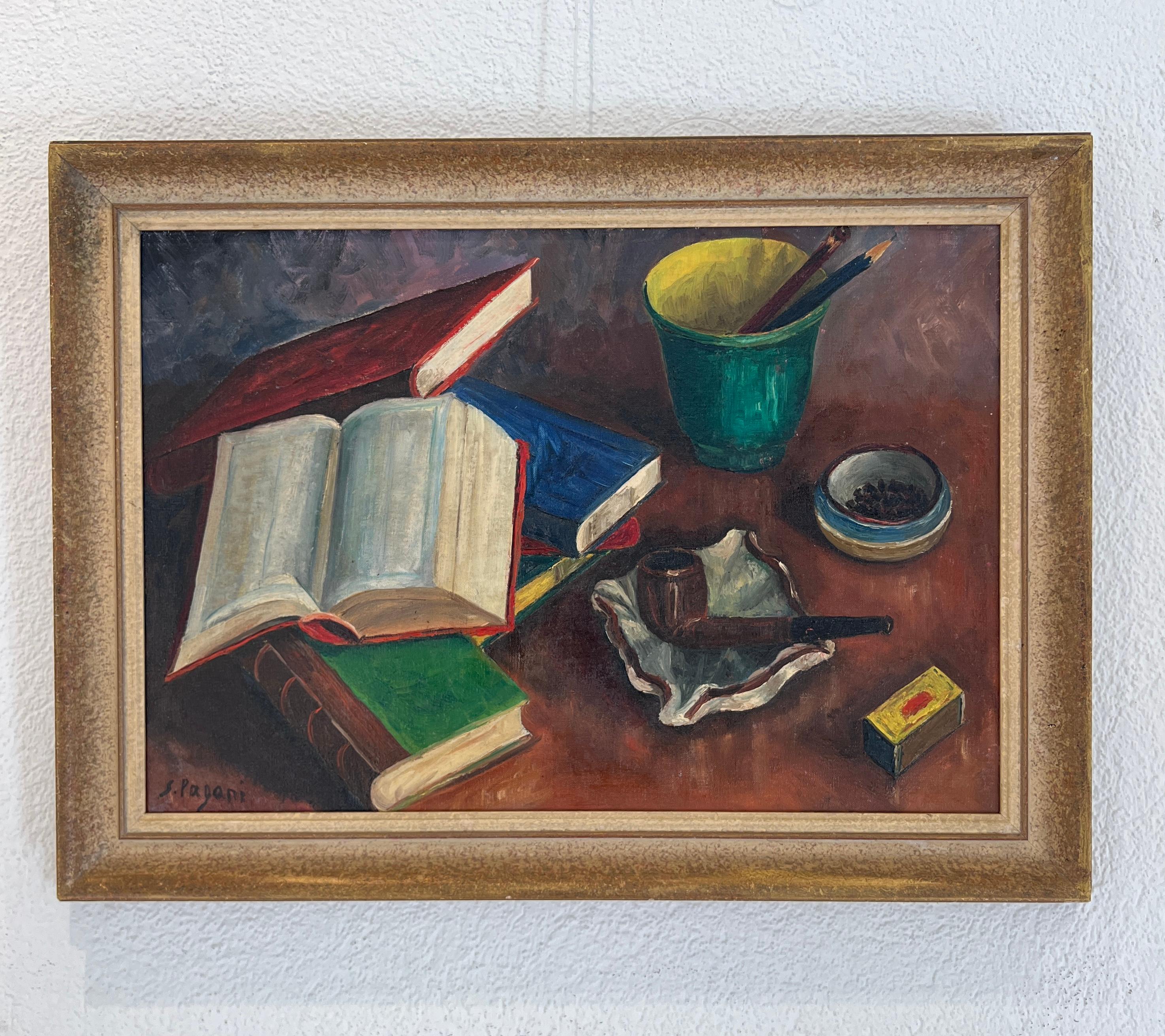 Stillleben mit Büchern, Pfeifen und Streichholz – Painting von  S. Pagani