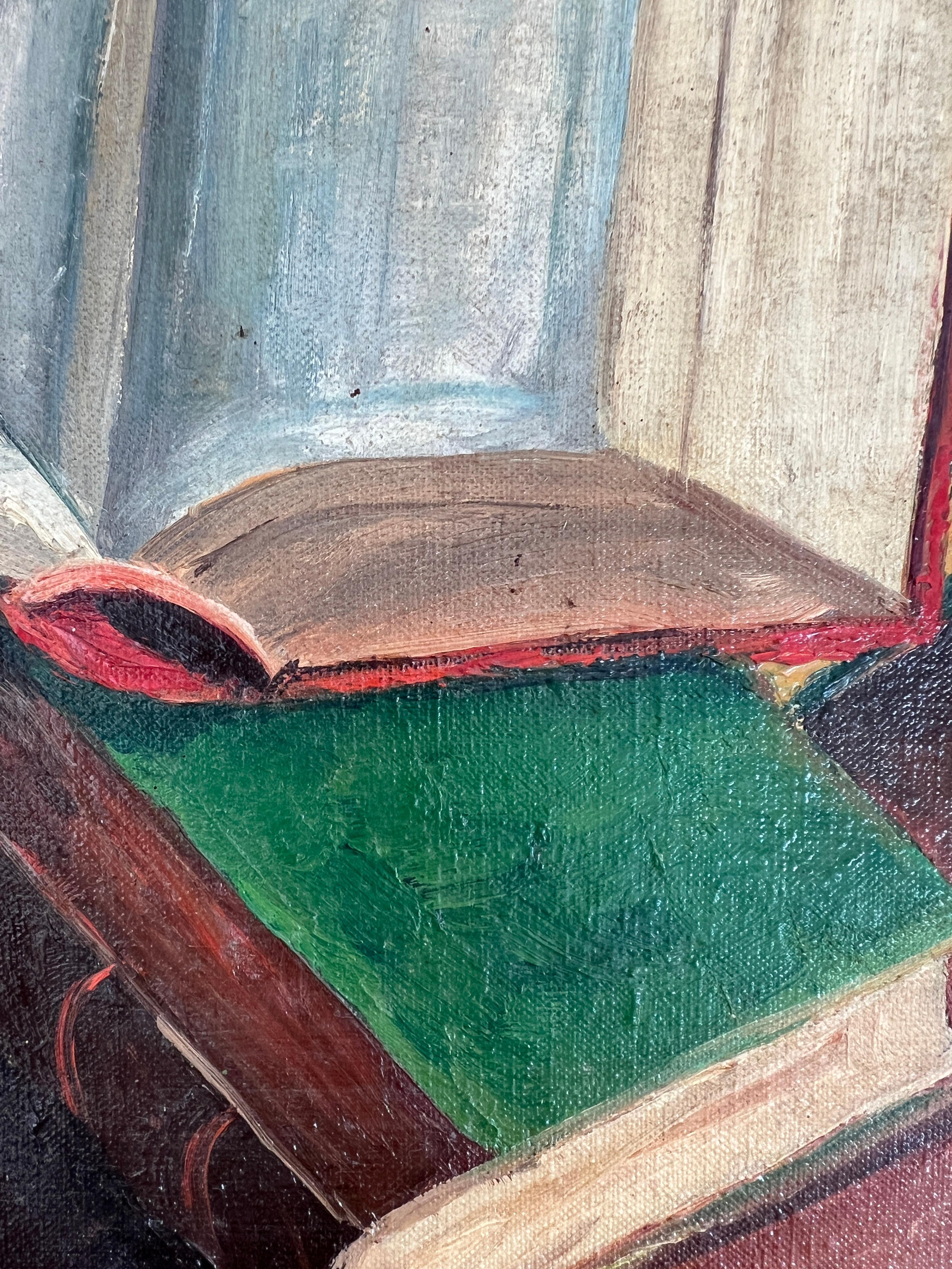 Stillleben mit Büchern, Pfeifen und Streichholz im Angebot 4