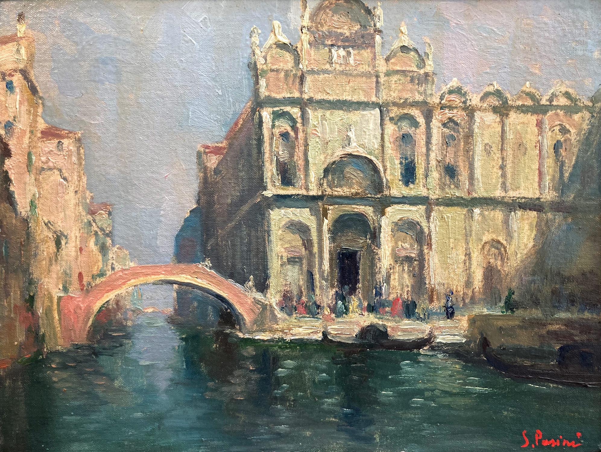 A stunning oil painting scene depicting figures by the Canale veneziano e l'ospedale di San Giovanni e Paolo executed in the 20th Century. The vibrant colors and impressionistic brushwork is done with both detail and precision. The people are