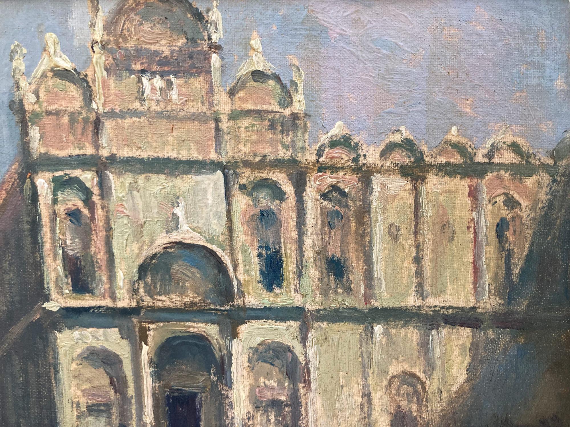Impresionante escena al óleo con figuras del Canale veneziano e l'ospedale di San Giovanni e Paolo ejecutada en el siglo XX. Los colores vibrantes y la pincelada impresionista están realizados con tanto detalle como precisión. La gente está