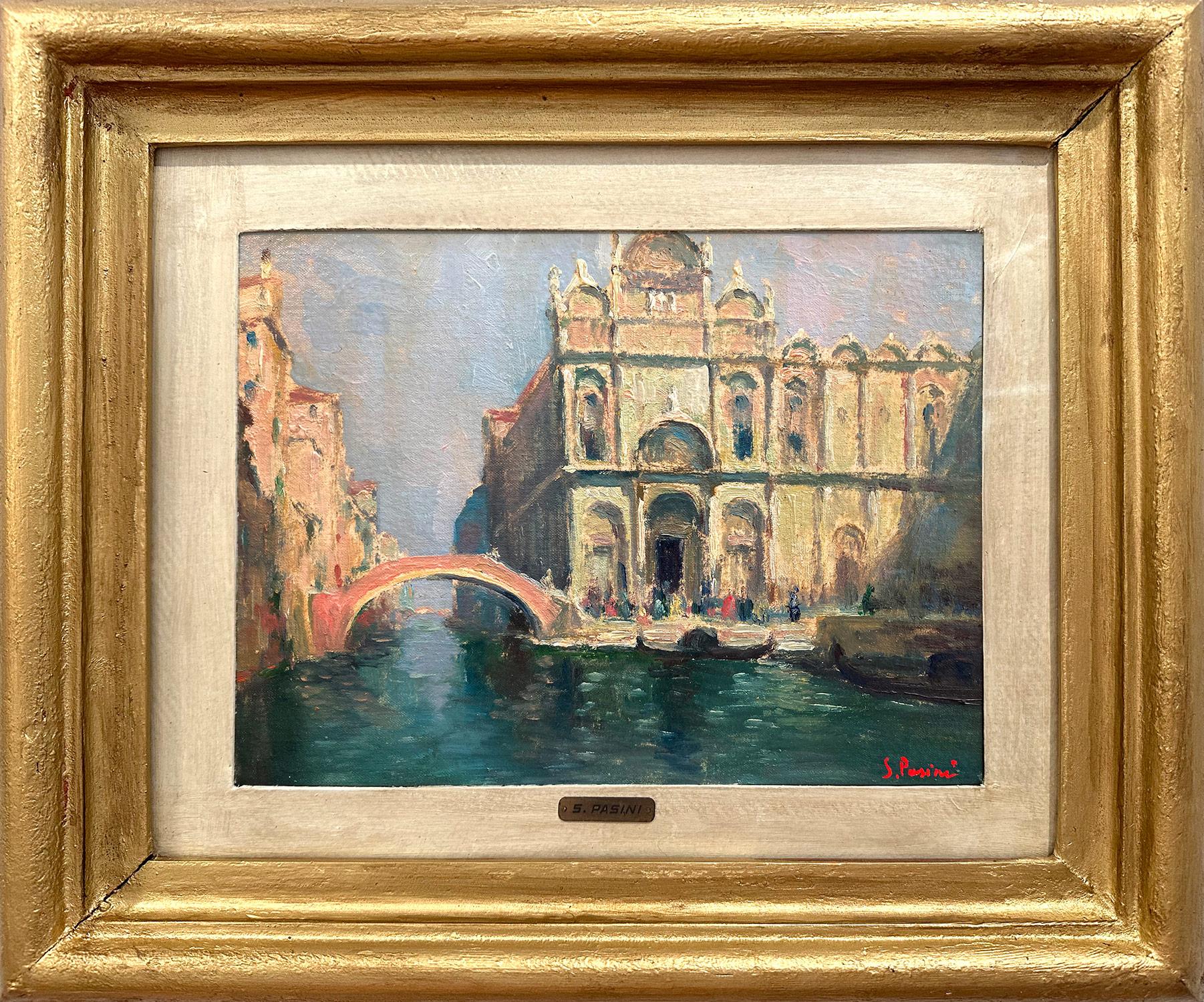 S. Pasini Landscape Painting - "Canale Veneziano e l'ospedale di San Giovanni e Paolo Venice" Oil Painting 