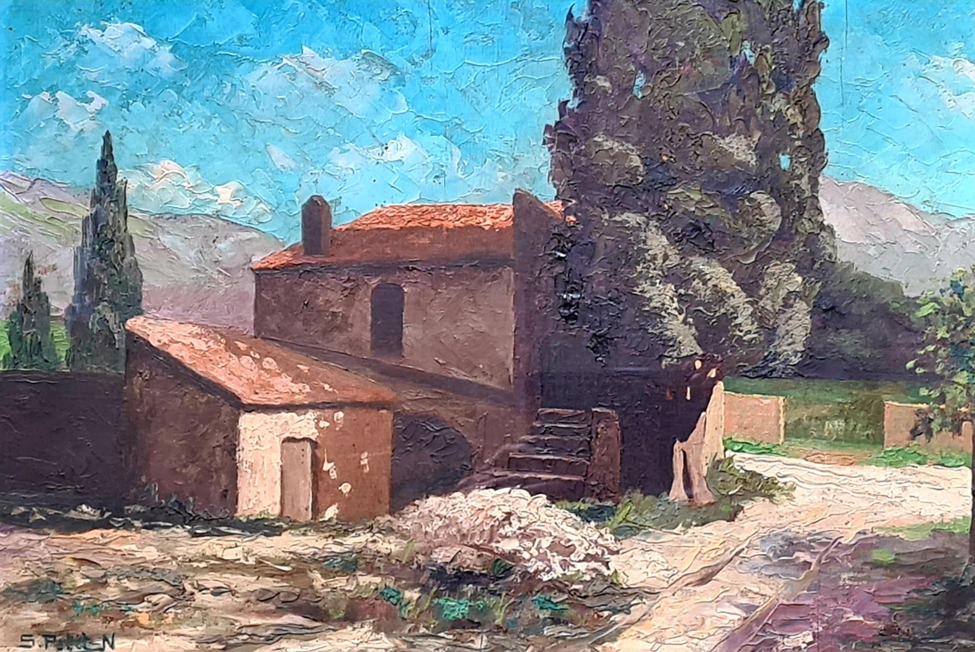 Impressionist Oil on Board of a Southern French Landscape, The French Farm - Painting by S Petit