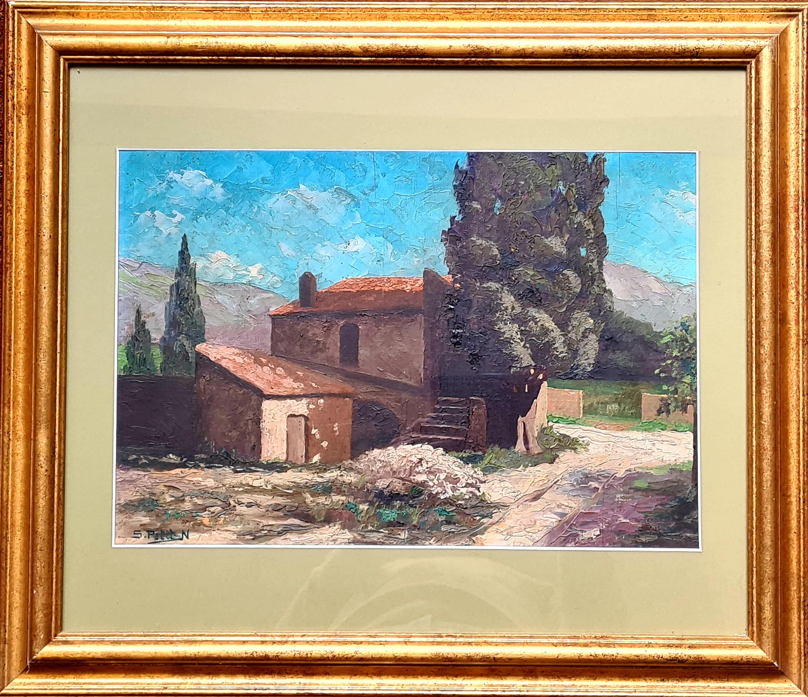 S Petit Landscape Painting - Impressionist Oil on Board of a Southern French Landscape, The French Farm