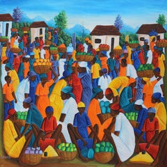 "Haitian Market Gathering" Large Painting on Canvas by S. Pierre