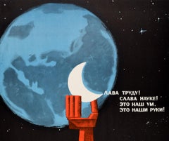 Original Vintage Poster Space Robot Probe Soviet Science Luna 16 USSR Moon Earth