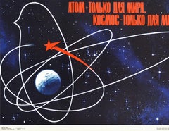 Original Vintage Soviet Poster Atom Space For Peace Dove UN United Nations USSR