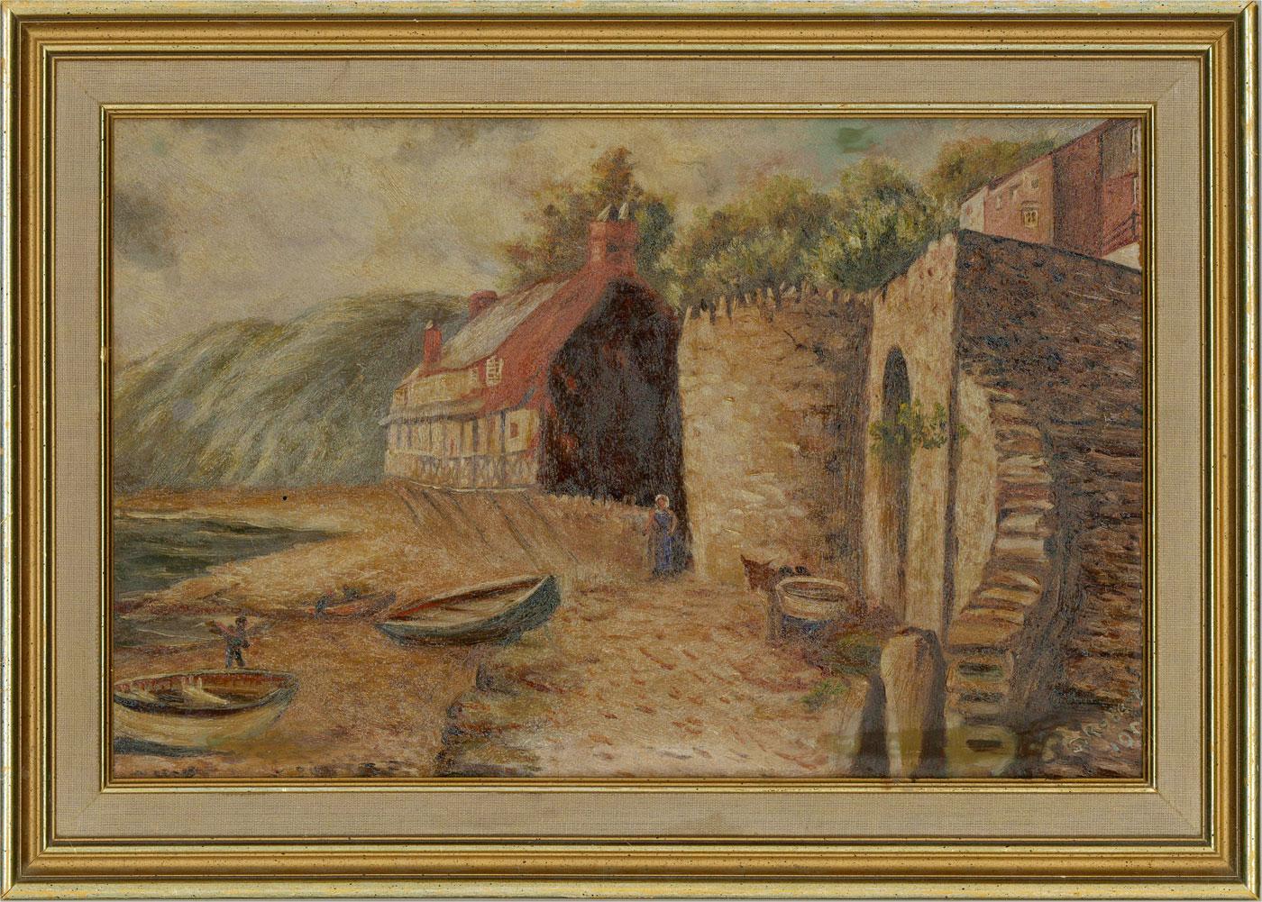 A landscape in the harbour village of Clovelly in Devon. Presented in a distressed gilt-effect wooden frame with a linen inner window. Signed and dated to the lower-right corner. The date has been partially cropped at the edge of the substrate and