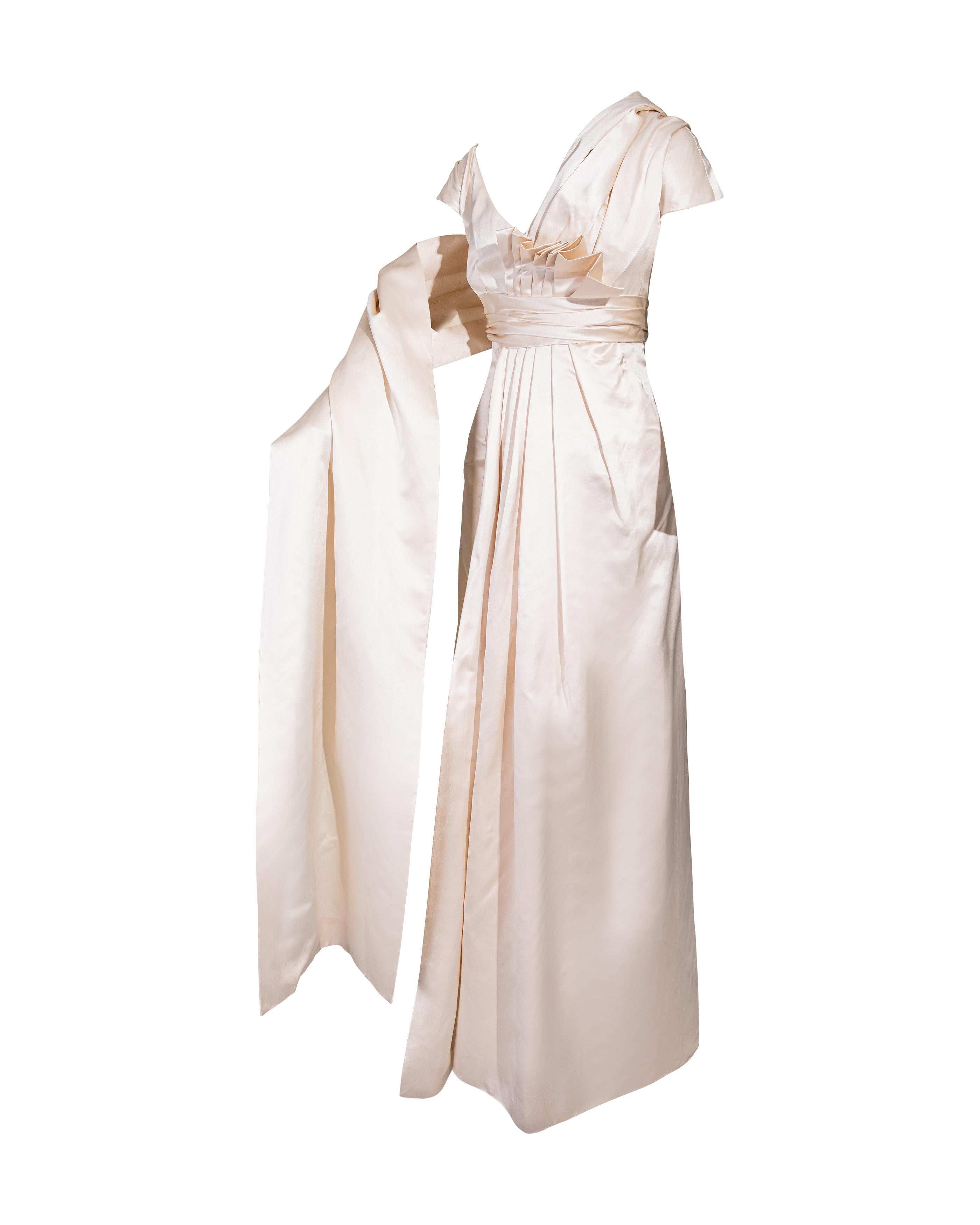 S/S 1955 Christian Dior (Attributed) Short Sleeve Ecru Satin Gown with Sash In Good Condition In North Hollywood, CA