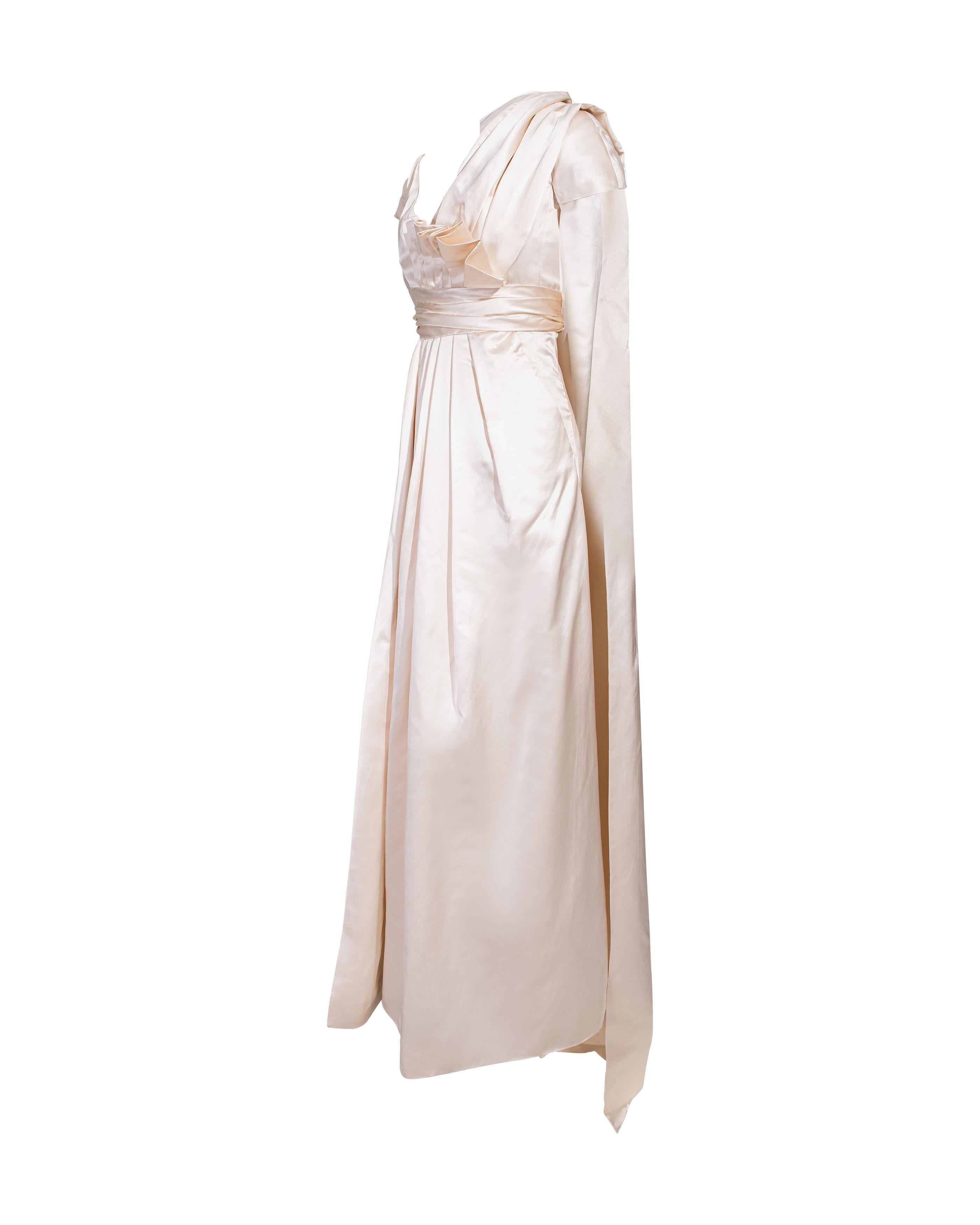 Women's S/S 1955 Christian Dior (Attributed) Short Sleeve Ecru Satin Gown with Sash