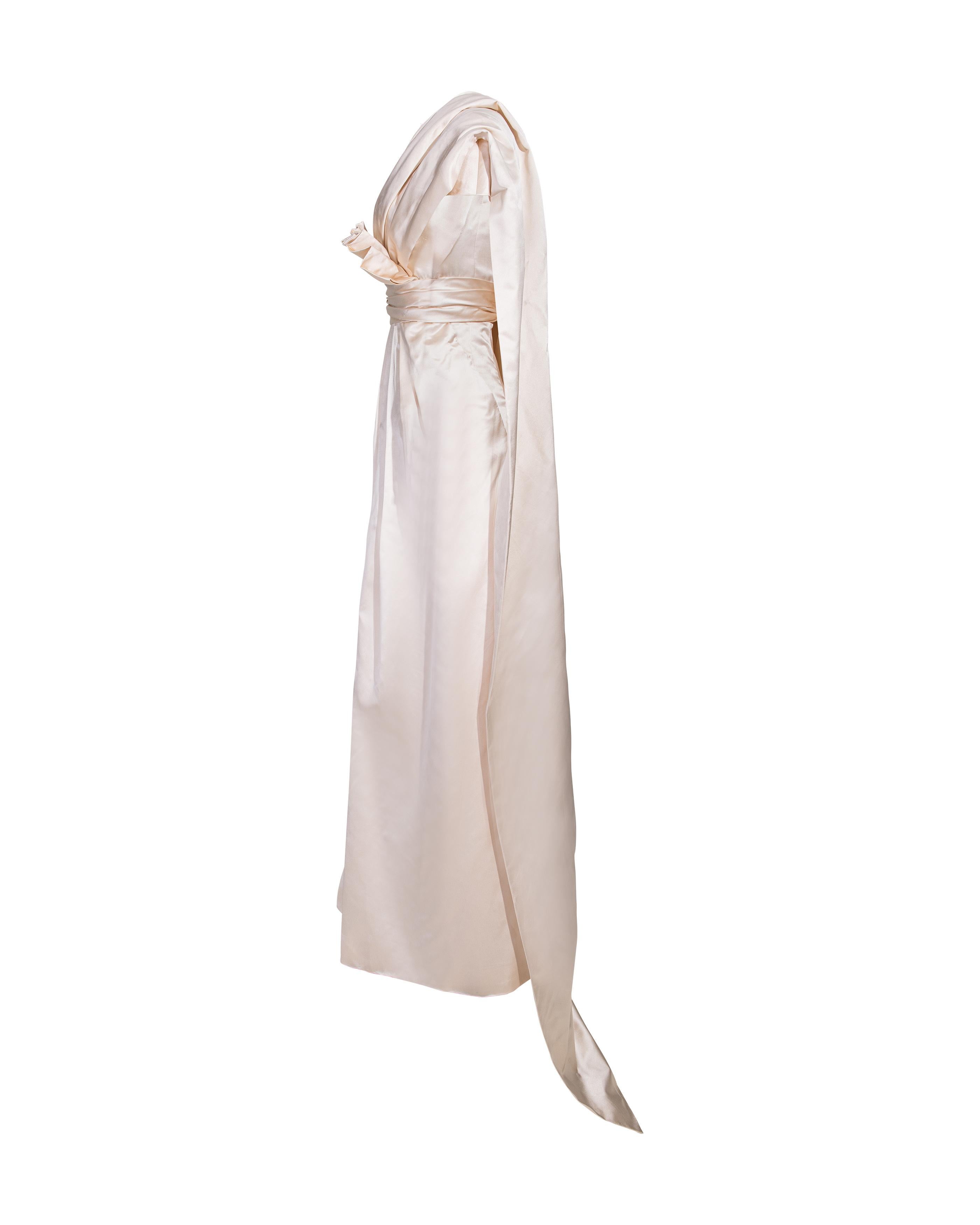 S/S 1955 Christian Dior (Attributed) Short Sleeve Ecru Satin Gown with Sash 1