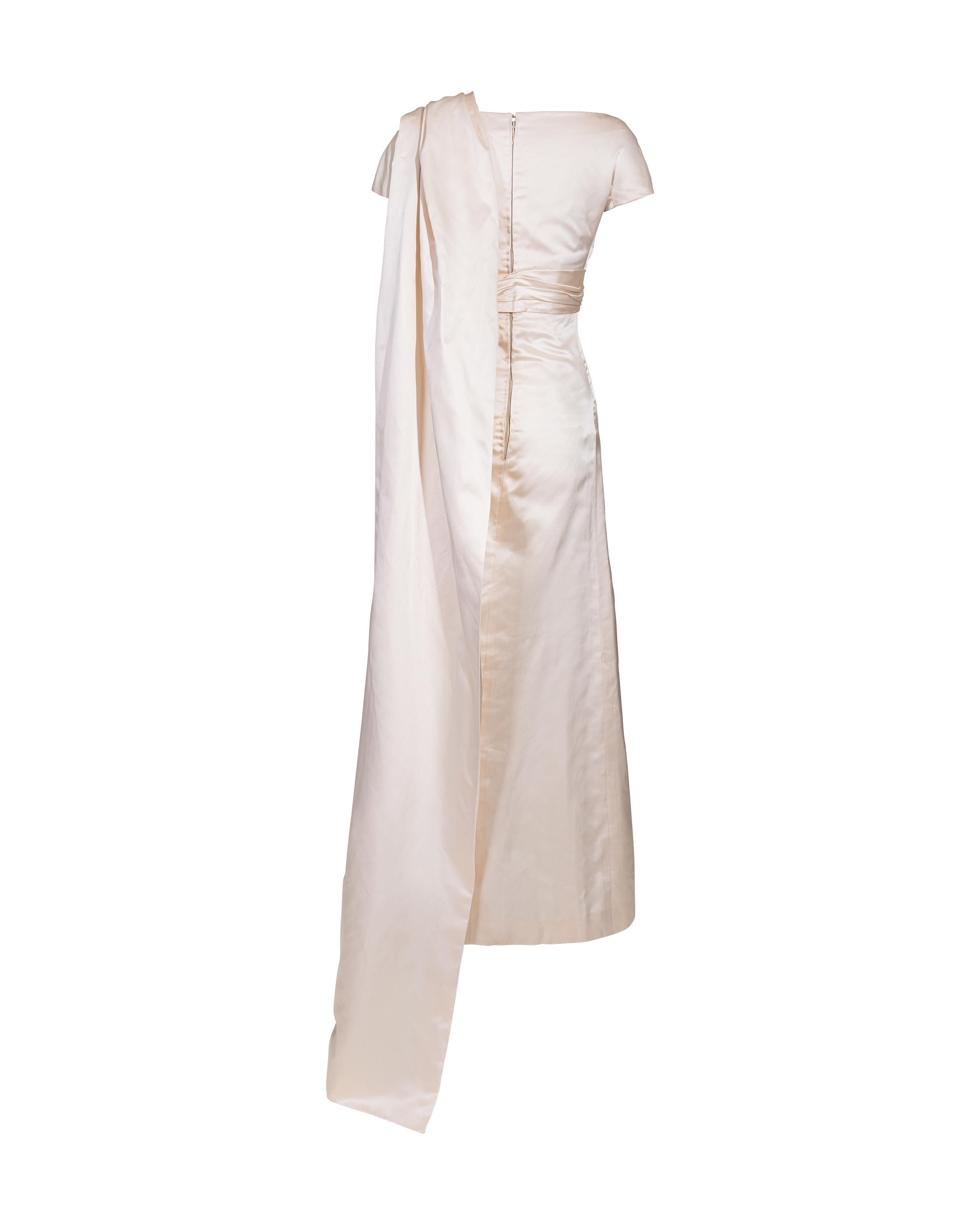 S/S 1955 Christian Dior (Attributed) Short Sleeve Ecru Satin Gown with Sash 2