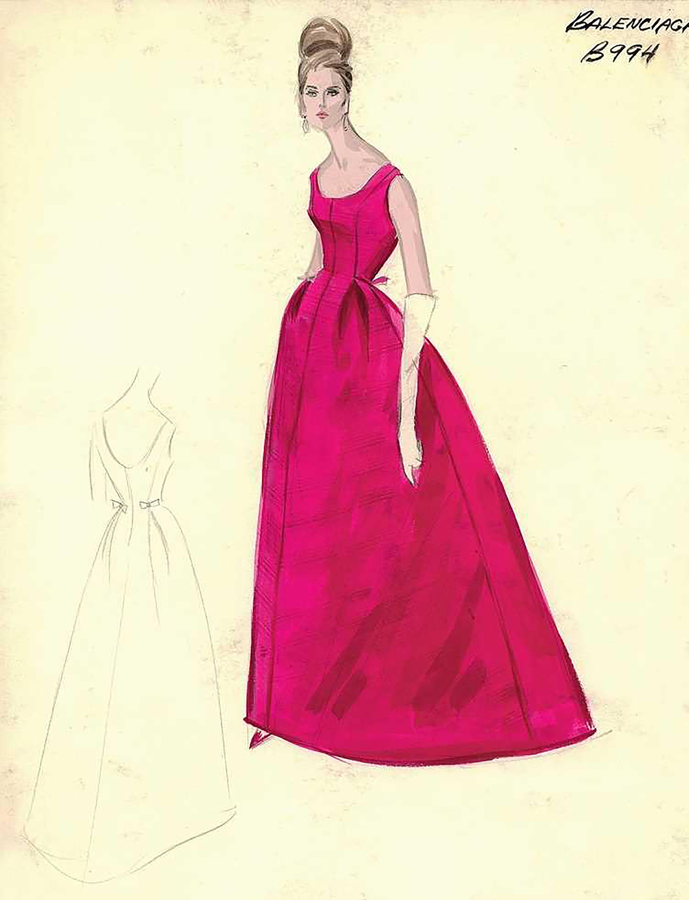 S/S 1964 Balenciaga deep rose pink silk sleeveless gown. Ballgown style sleeveless scoop neck dress with full skirt and small back bow details, with pink organza interior lining. Back zip closure with built-in waist corsetlet. Sketch featured in