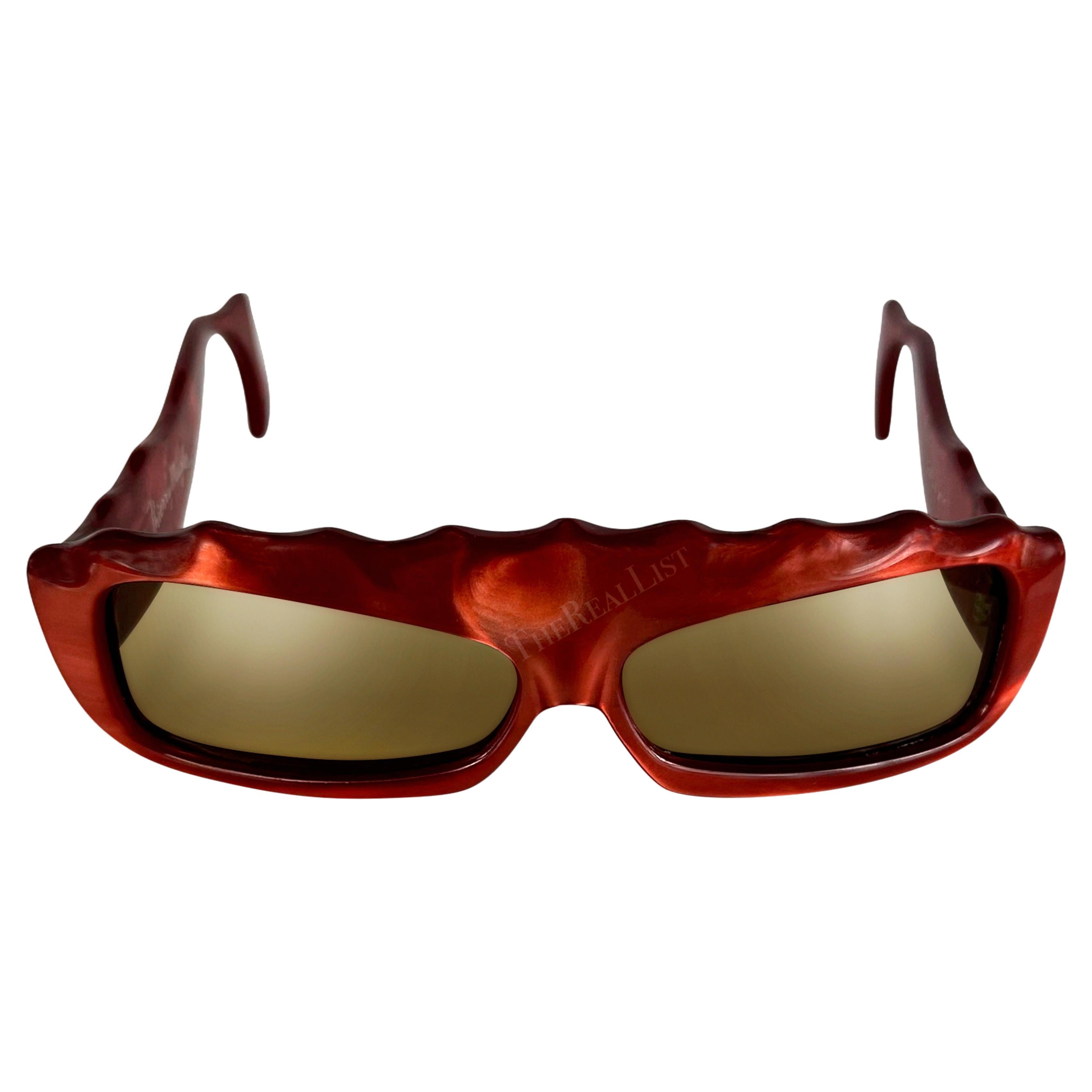 Women's S/S 1979 Thierry Mugler Red Opalescent Red Sculpted Rectangular Sunglasses For Sale