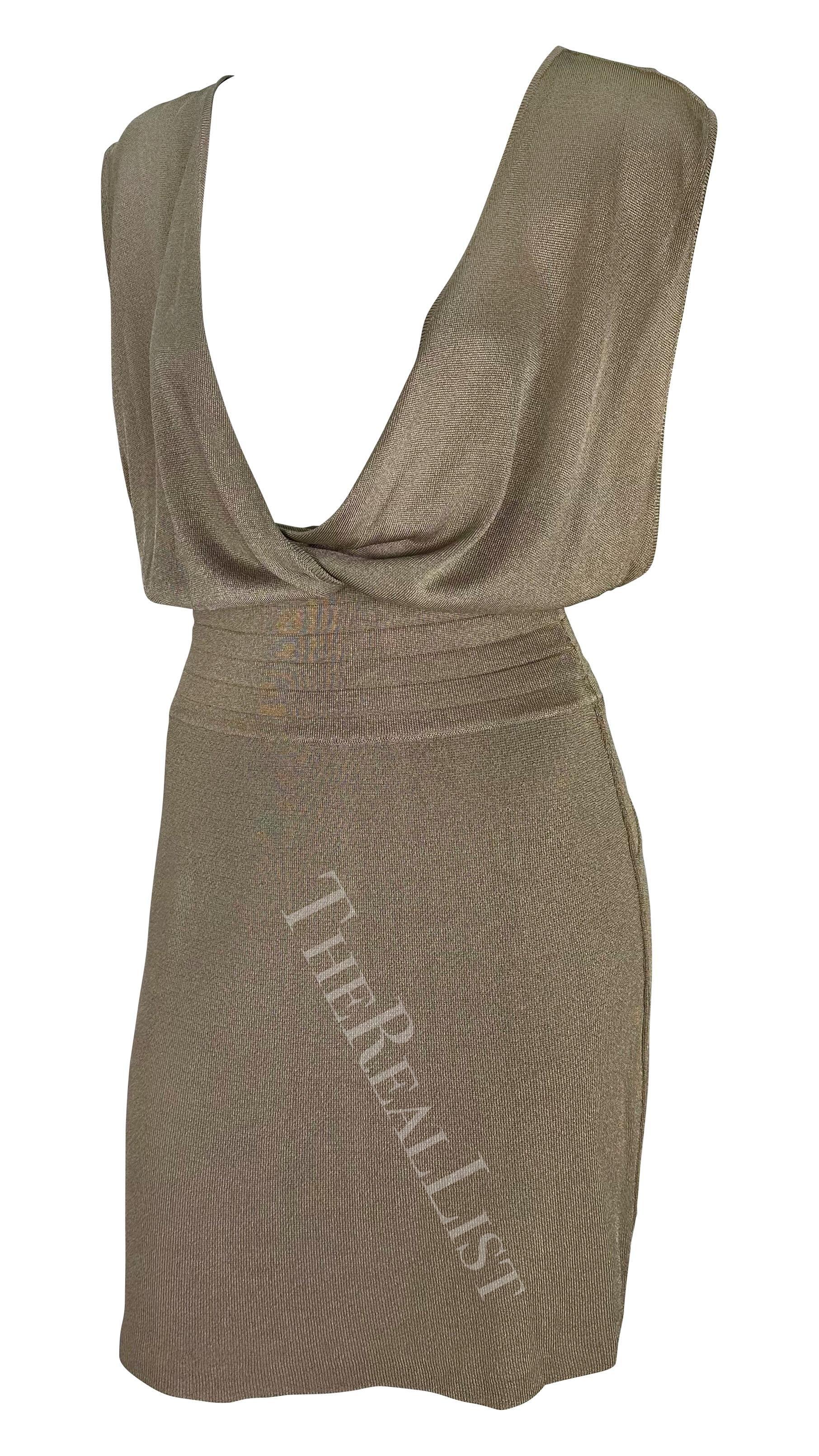 S/S 1984 Azzedine Alaïa Taupe Stretch Knit Plunge Backless Bodycon Runway Dress In Good Condition In West Hollywood, CA