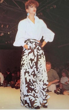 S/S 1985 Saint Laurent Rive Gauche Black White Leaf Print Cap Sleeve Duster FR36
