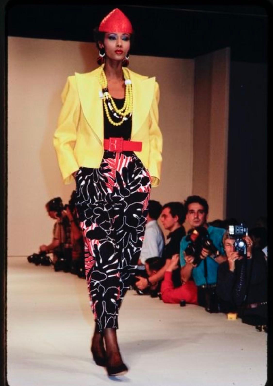 S/S 1985 Saint Laurent Rive Gauche Runway Black Red Floral Print Wide-Leg Pants For Sale 4