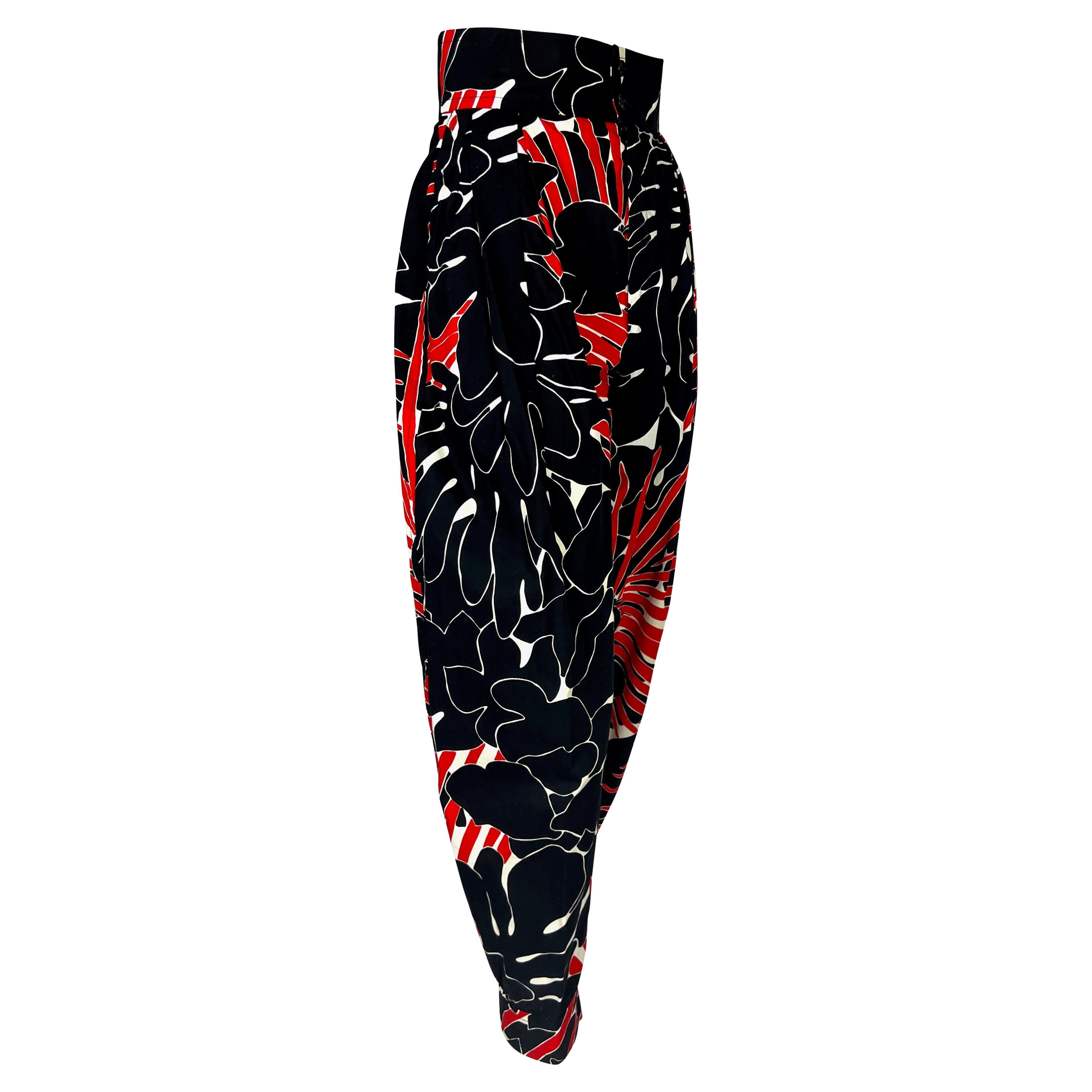 S/S 1985 Saint Laurent Rive Gauche Runway Black Red Floral Print Wide-Leg Pants For Sale 5
