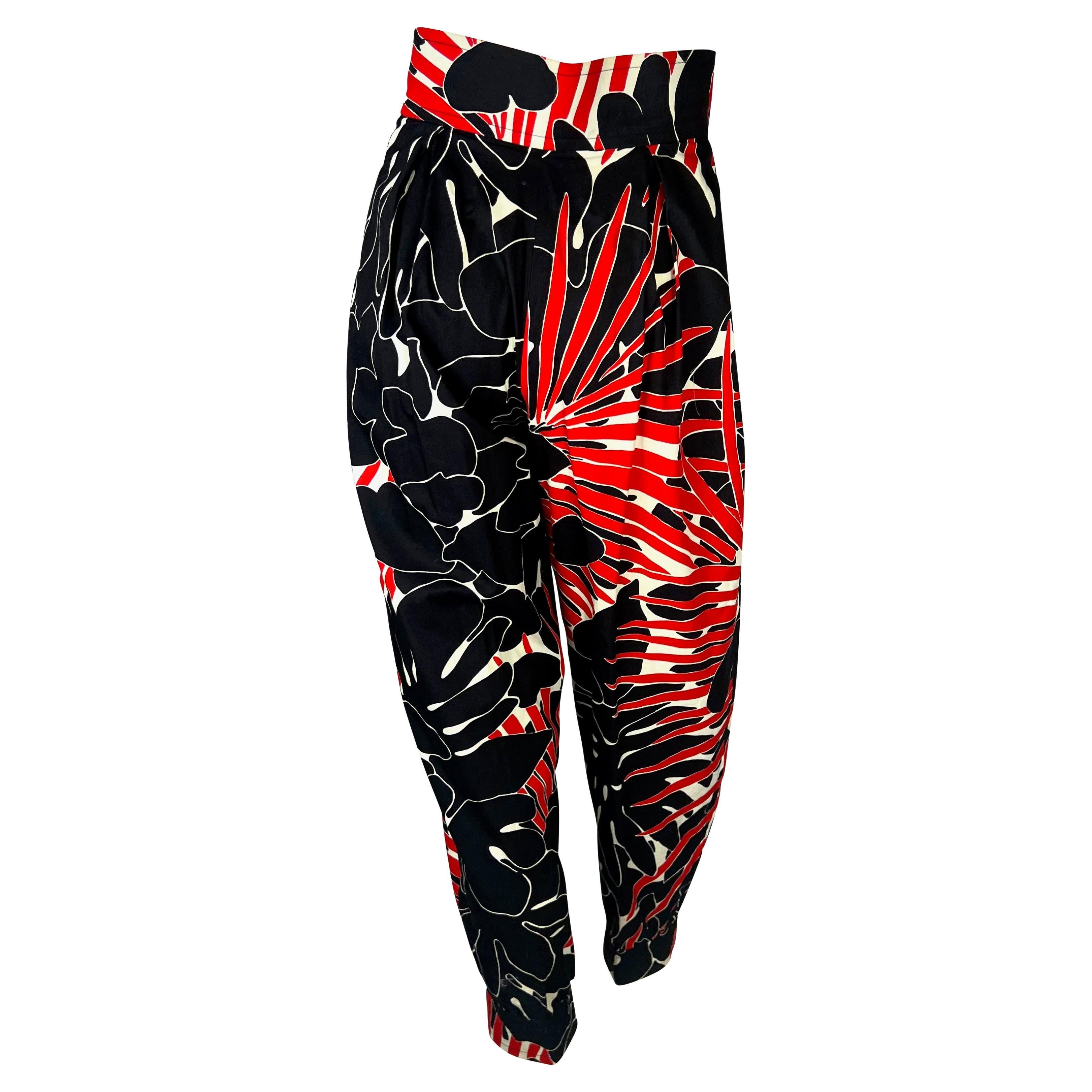 S/S 1985 Saint Laurent Rive Gauche Runway Black Red Floral Print Wide-Leg Pants For Sale 1