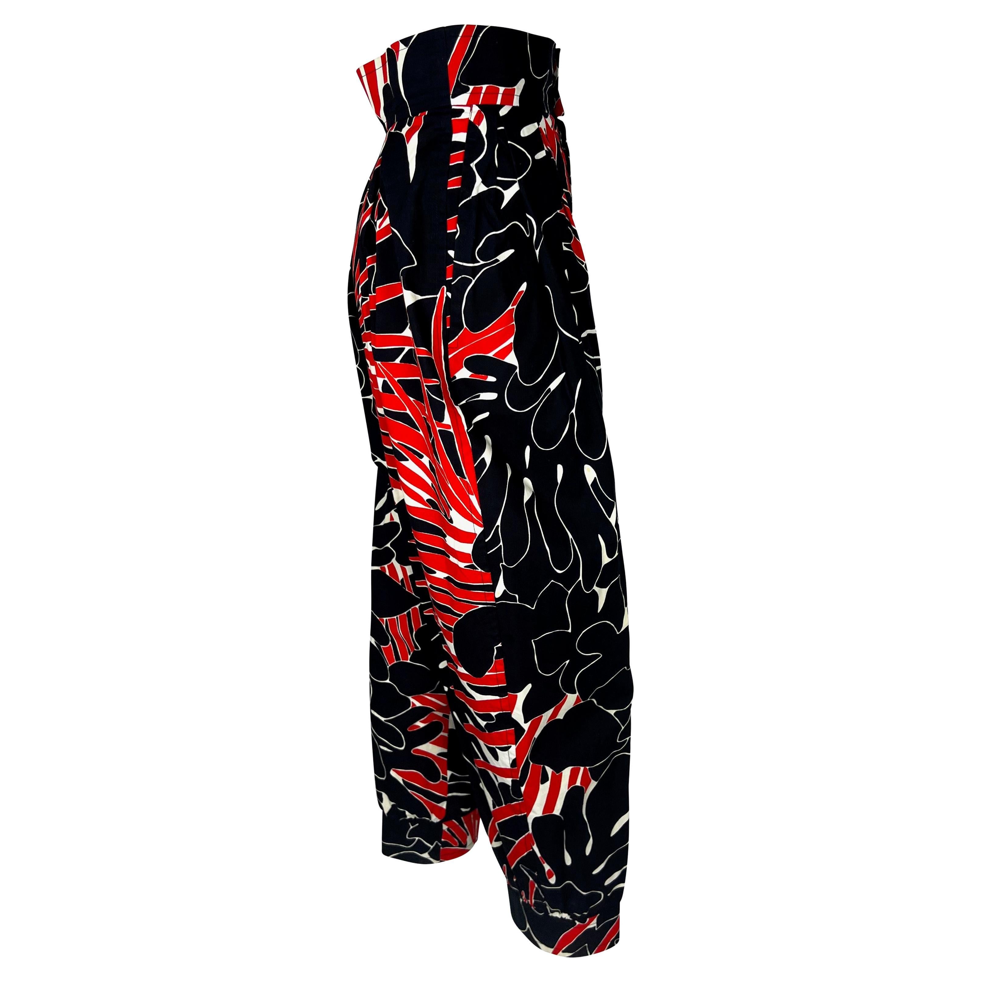 S/S 1985 Saint Laurent Rive Gauche Runway Black Red Floral Print Wide-Leg Pants For Sale 3