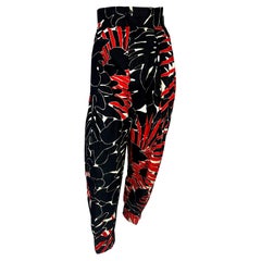Vintage S/S 1985 Saint Laurent Rive Gauche Runway Black Red Floral Print Wide-Leg Pants