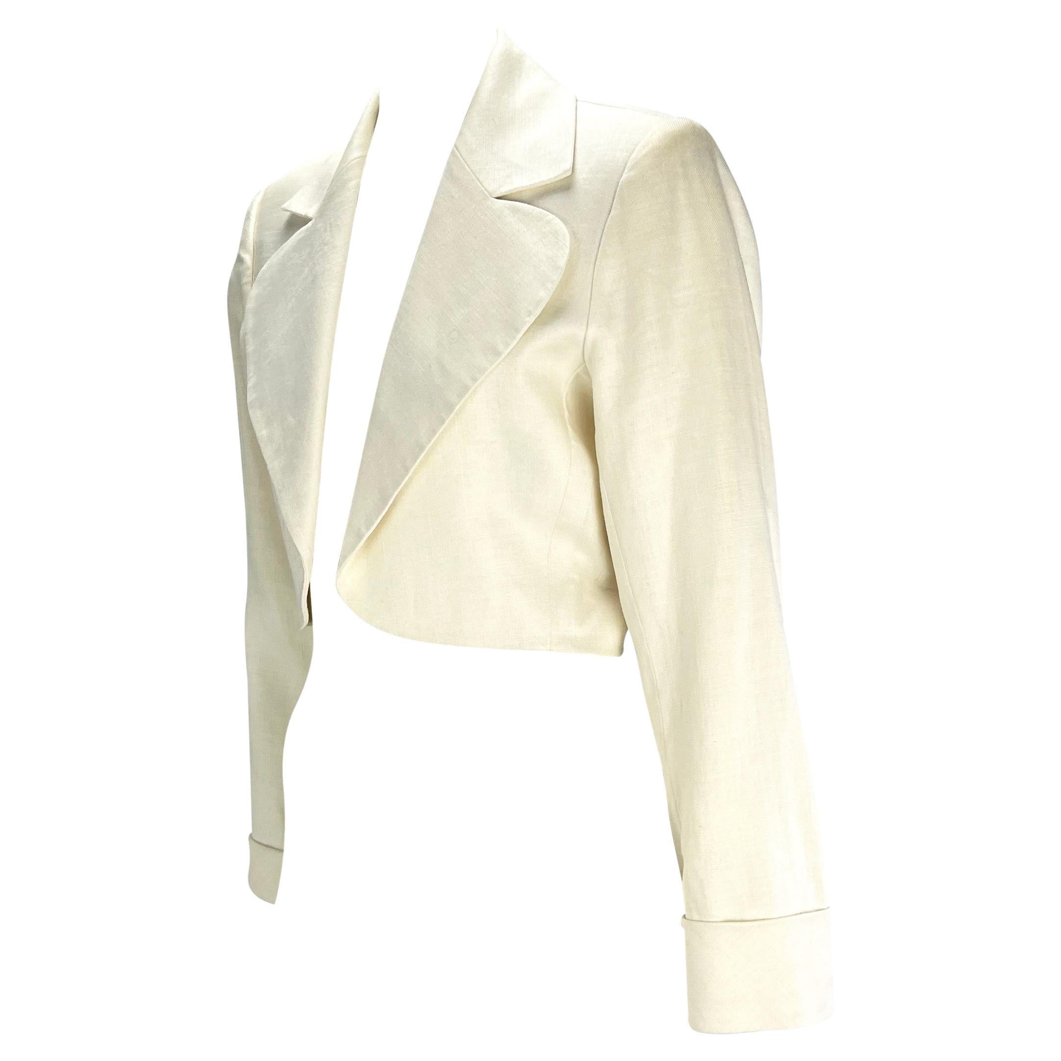 F/S 1986 Saint Laurent Rive Gauche Offener Blazer aus weißem Leinen mit Flax (Weiß) im Angebot