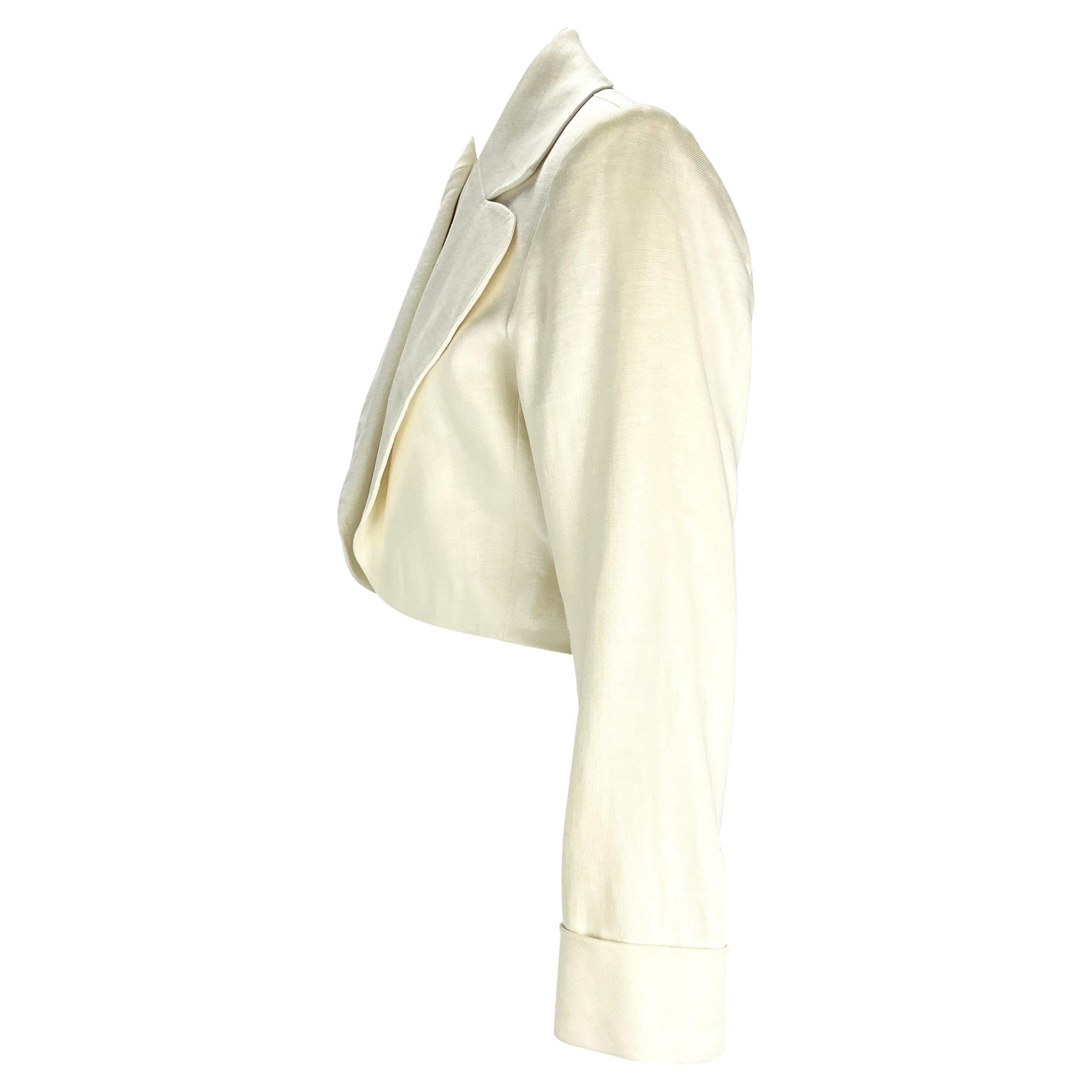 S/S 1986 Saint Laurent Rive Gauche Cropped White Linen Flax Open Blazer In Good Condition For Sale In West Hollywood, CA