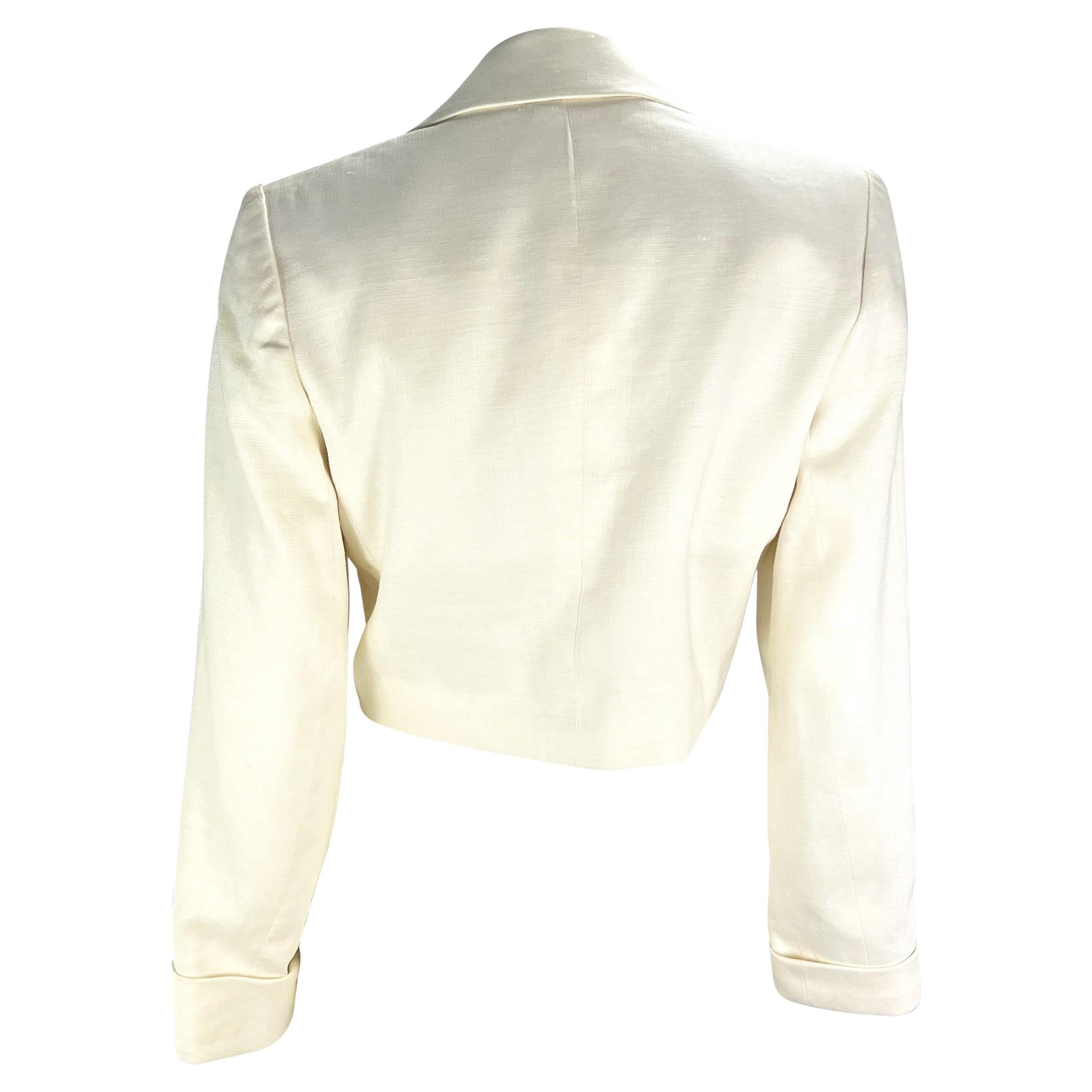 Women's S/S 1986 Saint Laurent Rive Gauche Cropped White Linen Flax Open Blazer For Sale