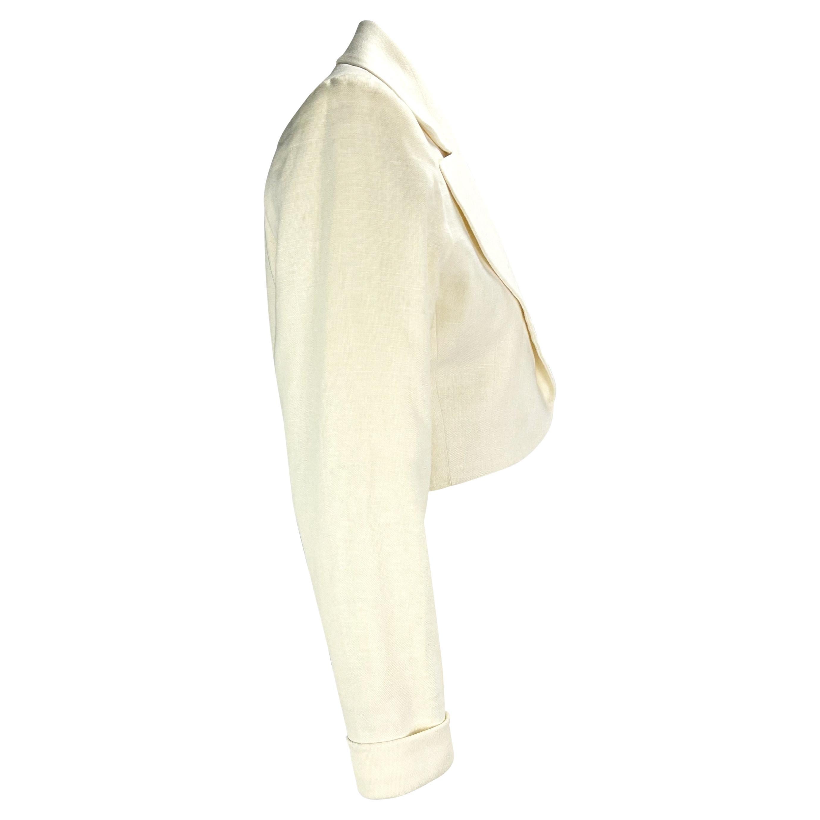 S/S 1986 Saint Laurent Rive Gauche Cropped White Linen Flax Open Blazer For Sale 1