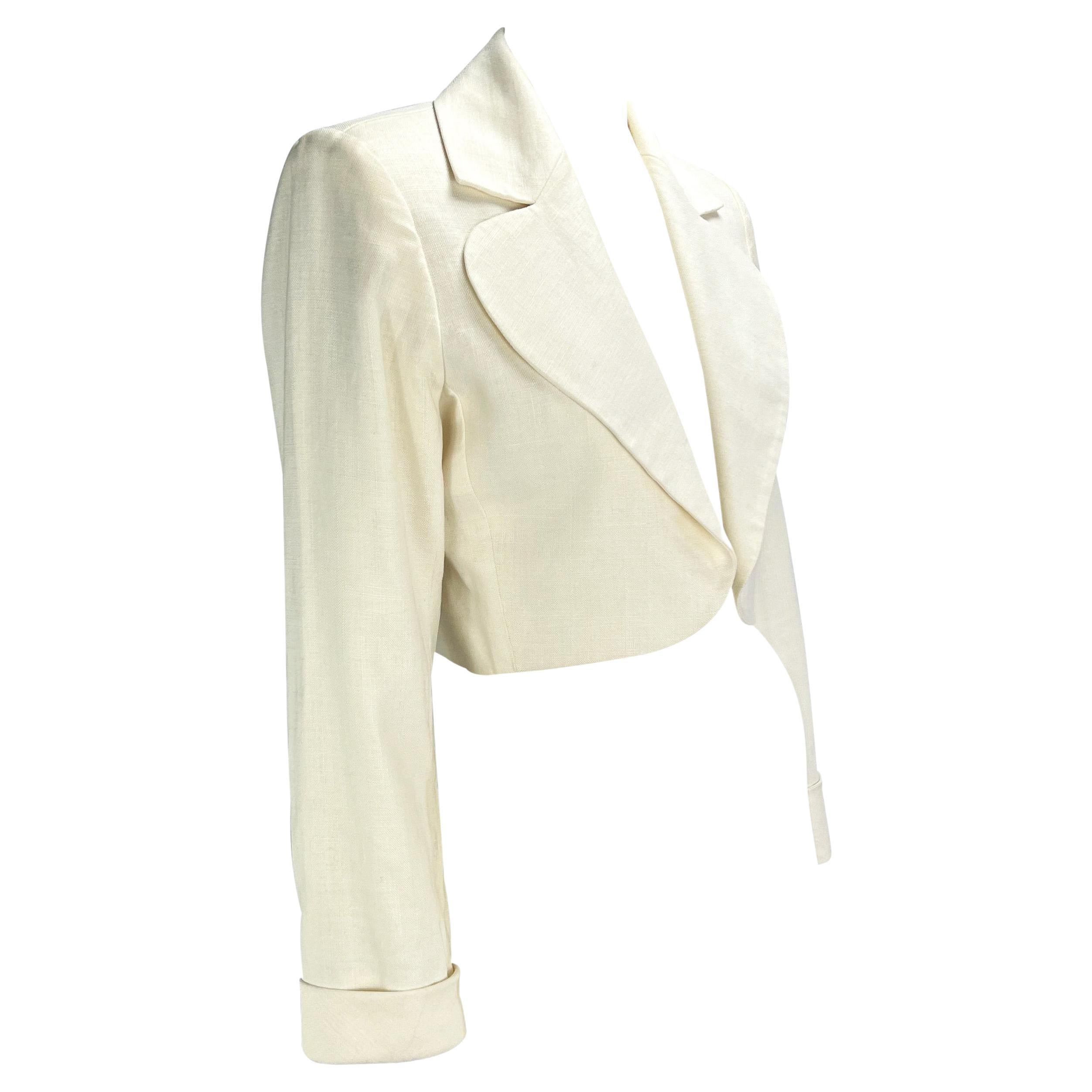 S/S 1986 Saint Laurent Rive Gauche Cropped White Linen Flax Open Blazer For Sale 2
