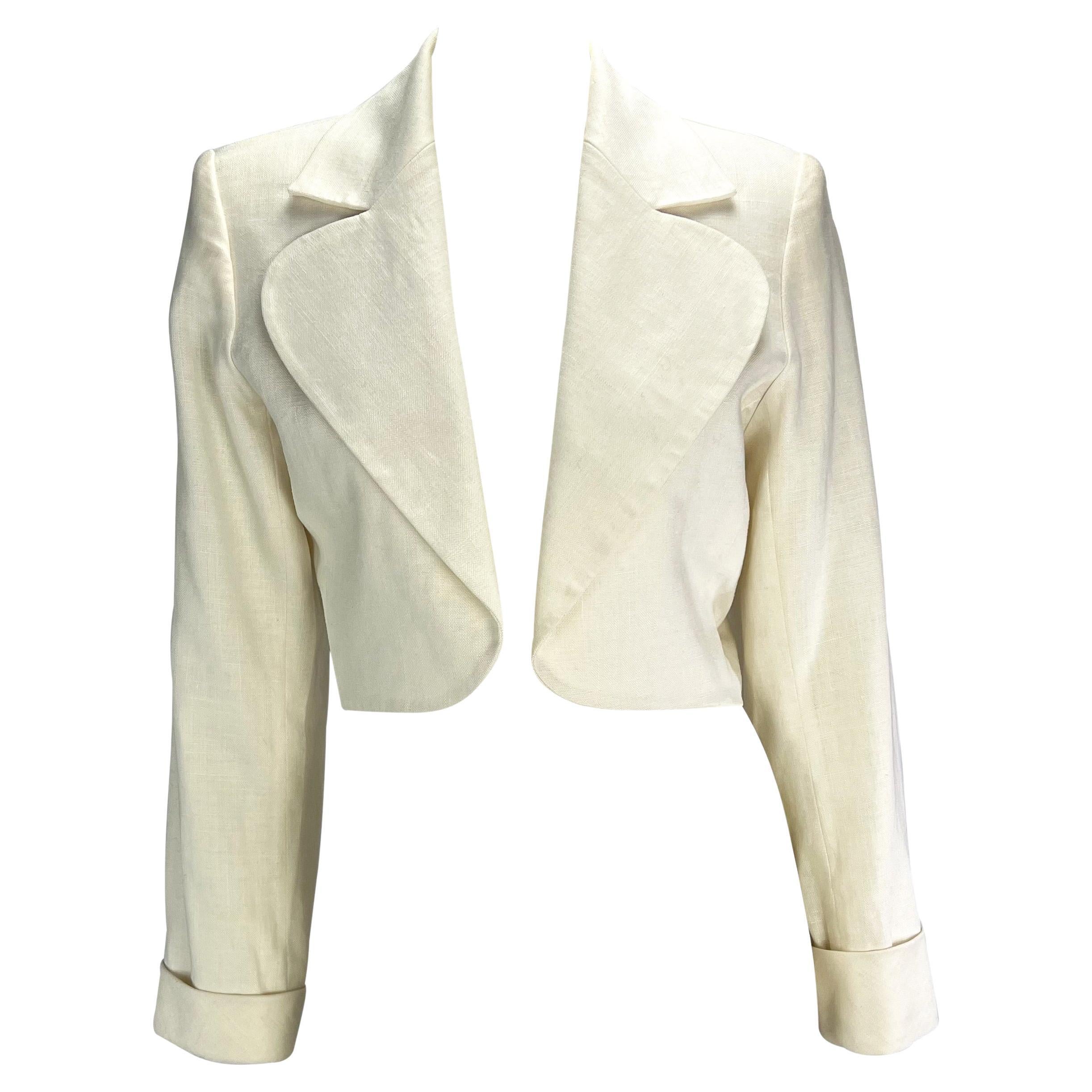 S/S 1986 Saint Laurent Rive Gauche Cropped White Linen Flax Open Blazer For Sale