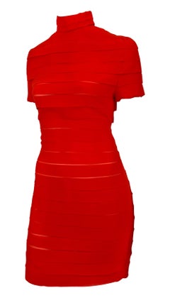 S/S 1987 Gianni Versace Red Tiered Silk Chiffon Mock Neck Mini Dress