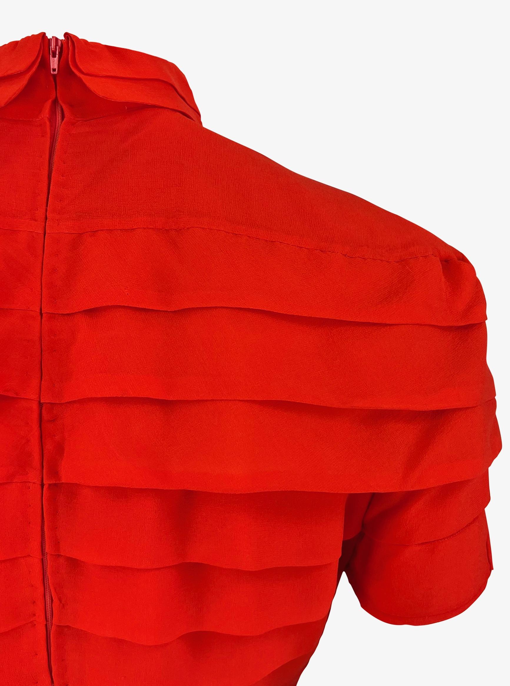 Women's or Men's S/S 1987 Gianni Versace Red Tiered Silk Chiffon Mock Neck Mini Dress
