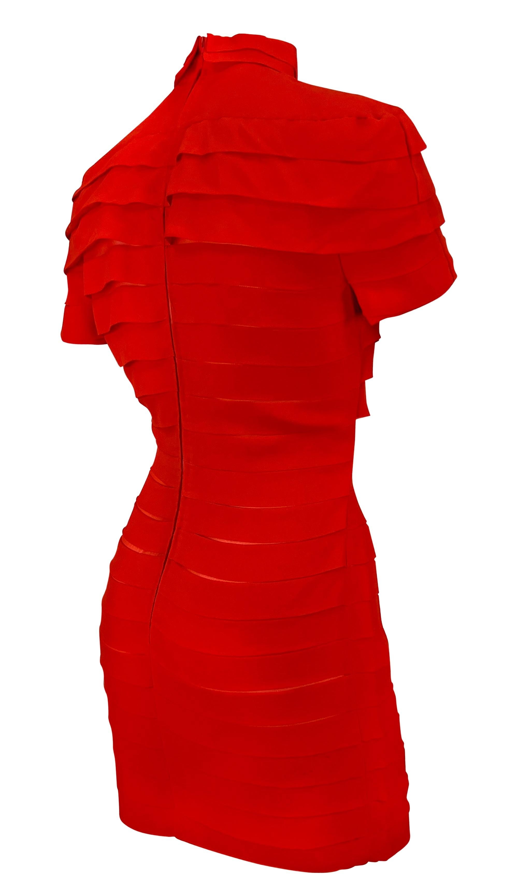 S/S 1987 Gianni Versace Red Tiered Silk Chiffon Mock Neck Mini Dress 1