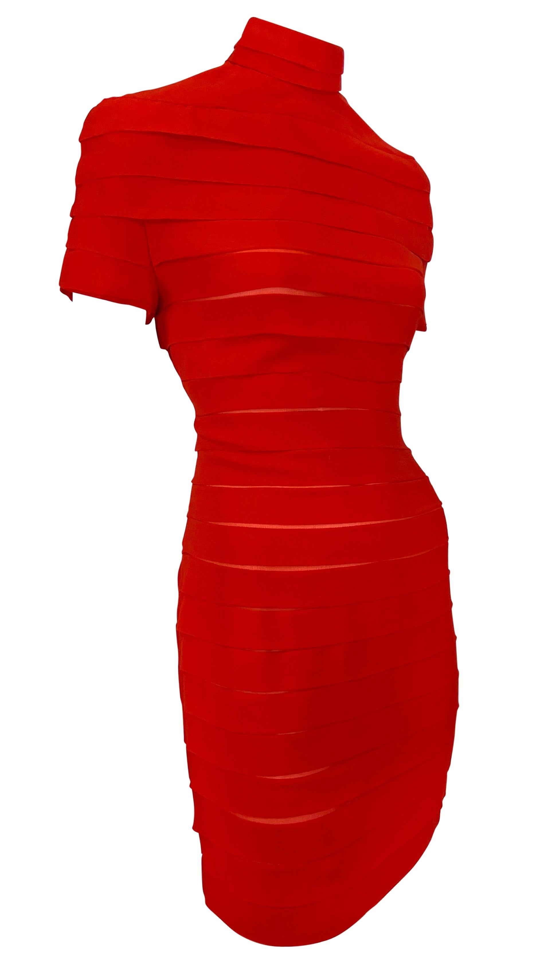 S/S 1987 Gianni Versace Red Tiered Silk Chiffon Mock Neck Mini Dress 2