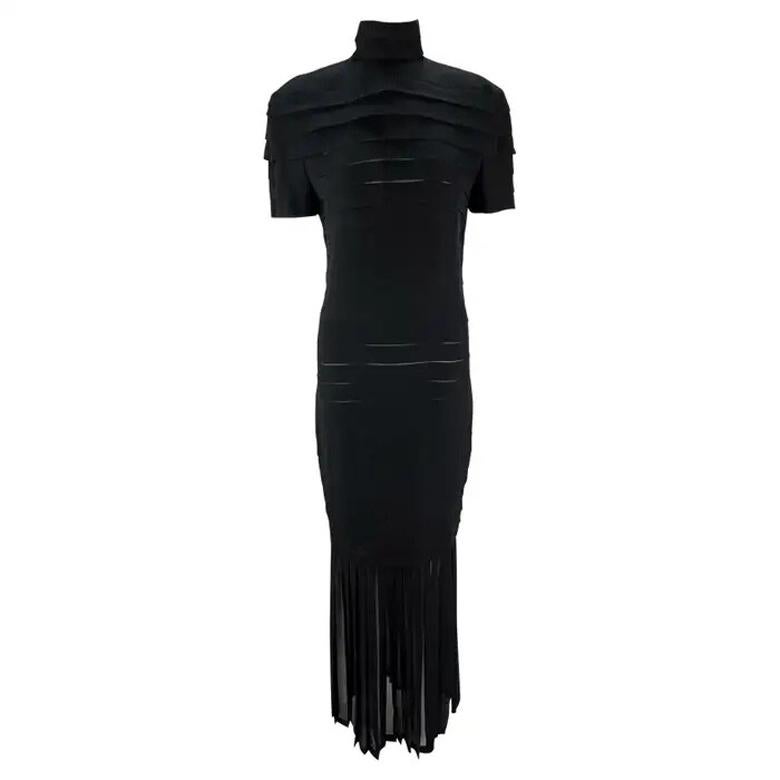 Anuncio de Pasarela Gianni Versace S/S 1987 Vestido de seda negro plisado con aberturas transparentes en venta