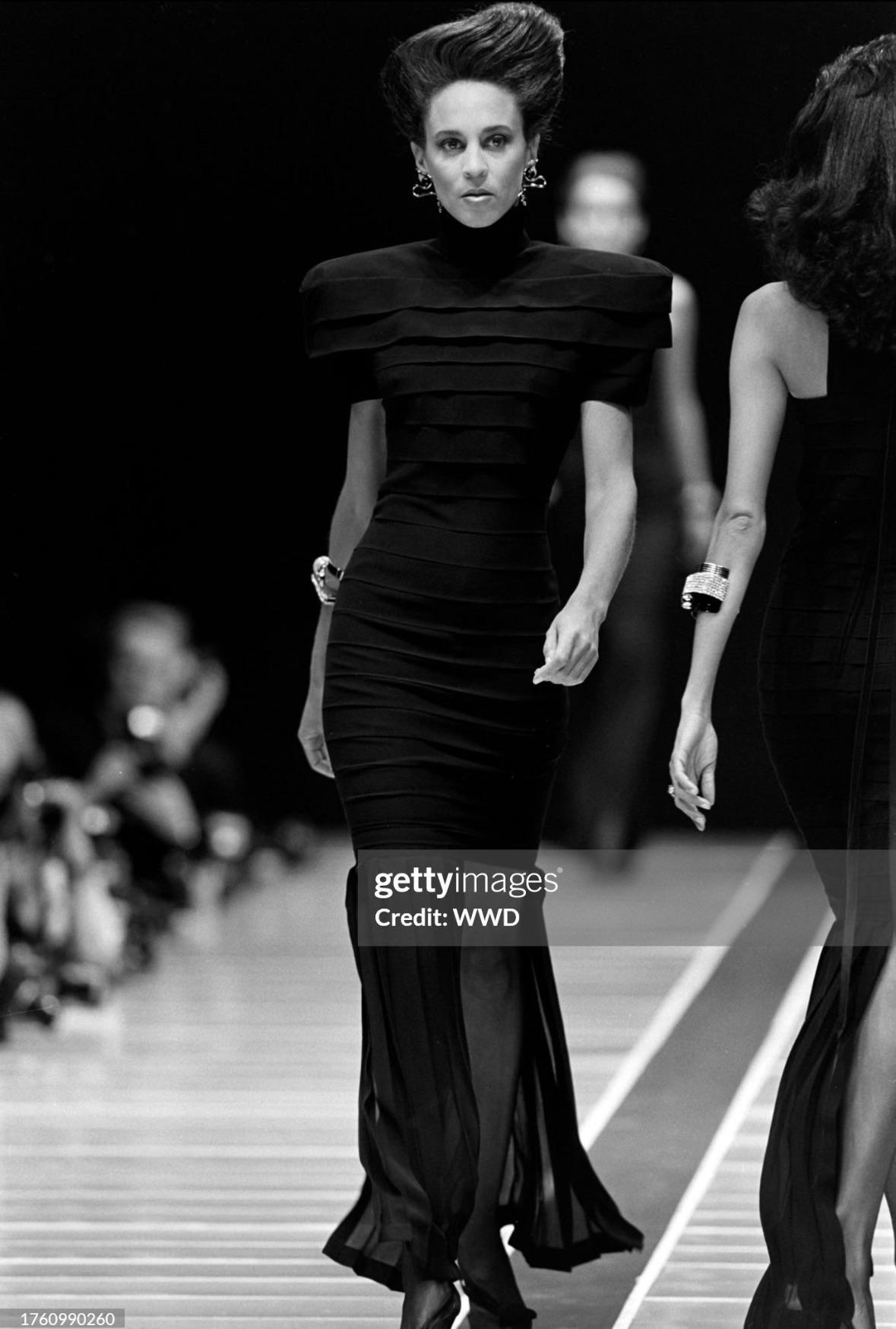S/S 1987 Gianni Versace Runway Ad Black Pleated Sheer Slit Silk Gown For Sale 2