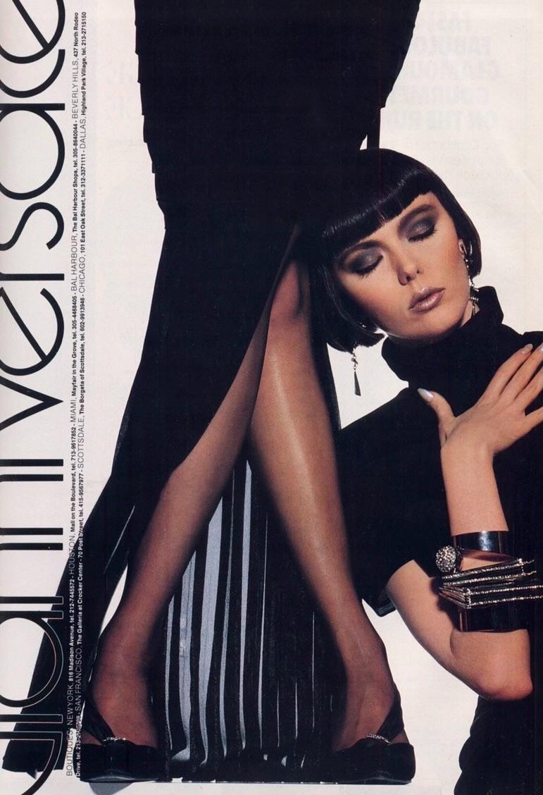 S/S 1987 Gianni Versace Runway Ad Black Pleated Sheer Slit Silk Gown  For Sale 3
