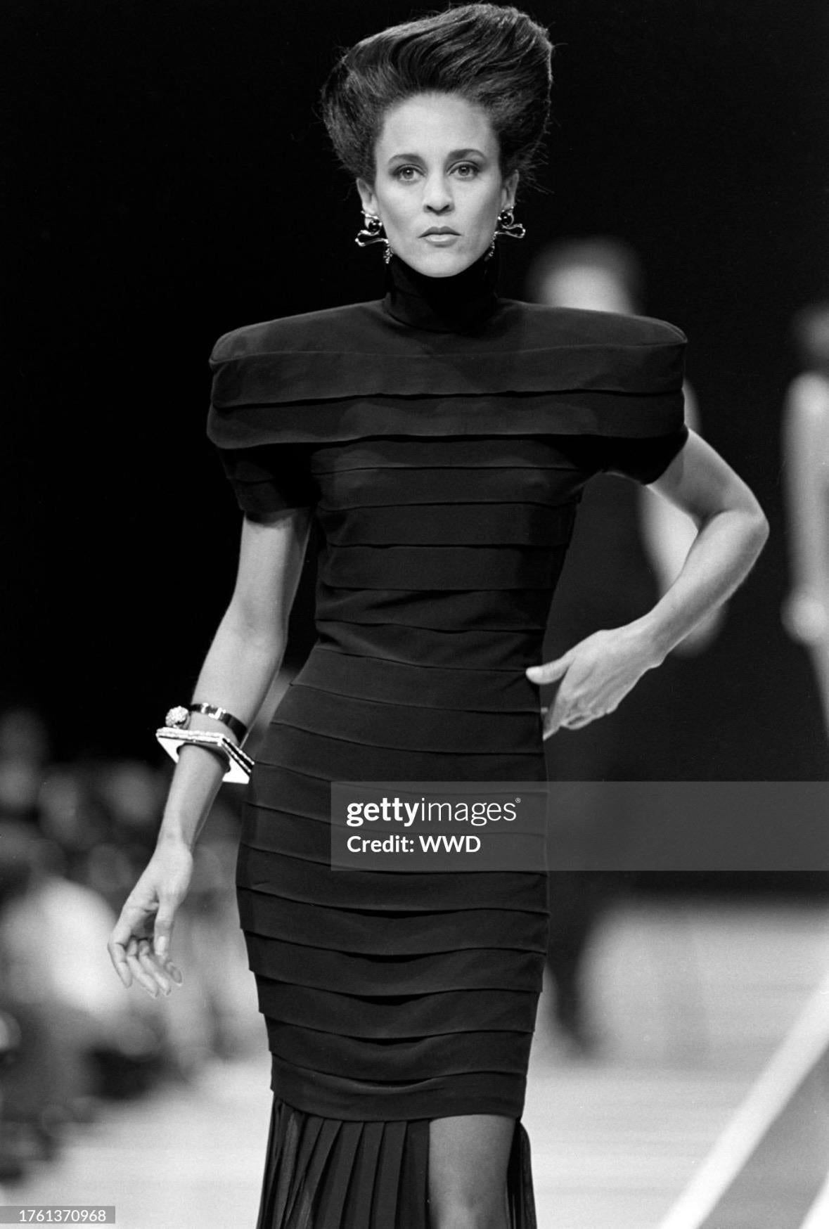 S/S 1987 Gianni Versace Runway Ad Black Pleated Sheer Slit Silk Gown For Sale 4