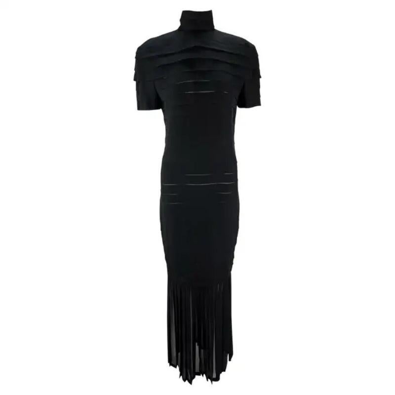 S/S 1987 Gianni Versace Runway Ad Black Pleated Sheer Slit Silk Gown For Sale
