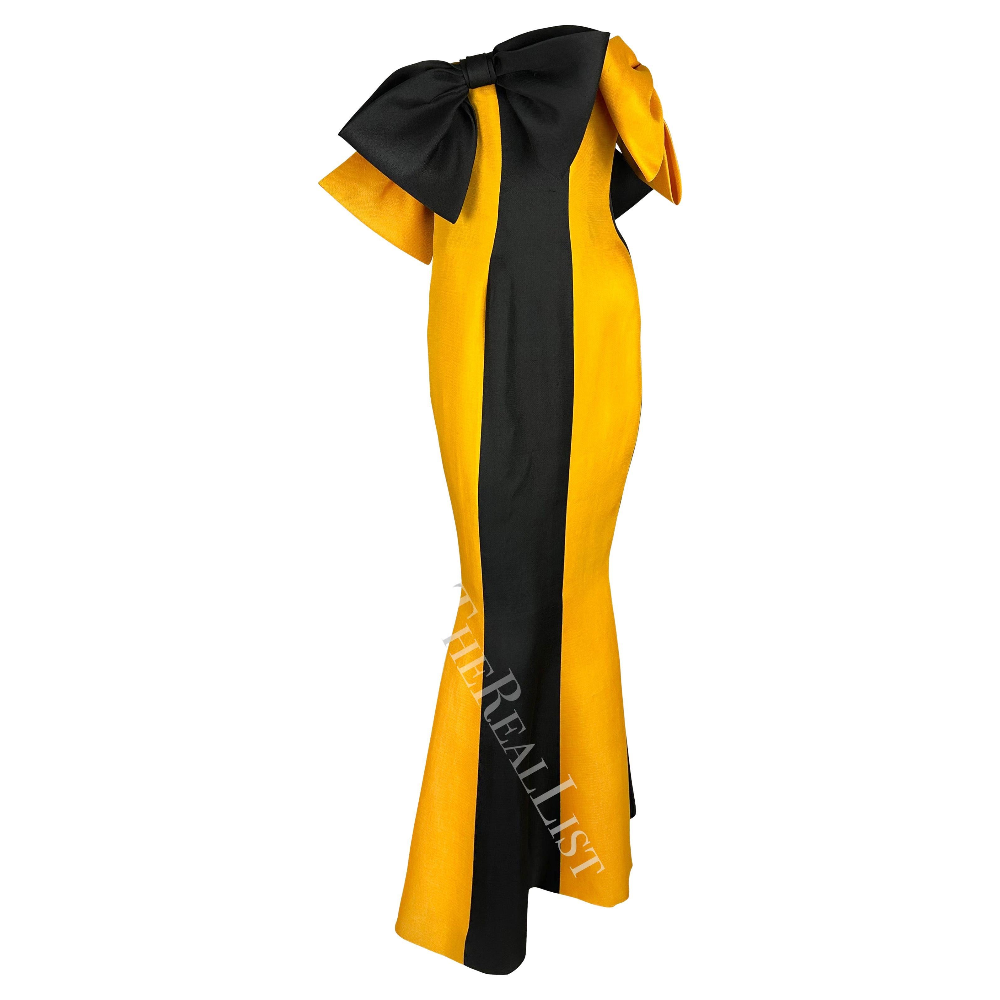 S/S 1987 Givenchy Haute Couture Runway Yellow Black Bow Trumpet Flare Gown For Sale 9