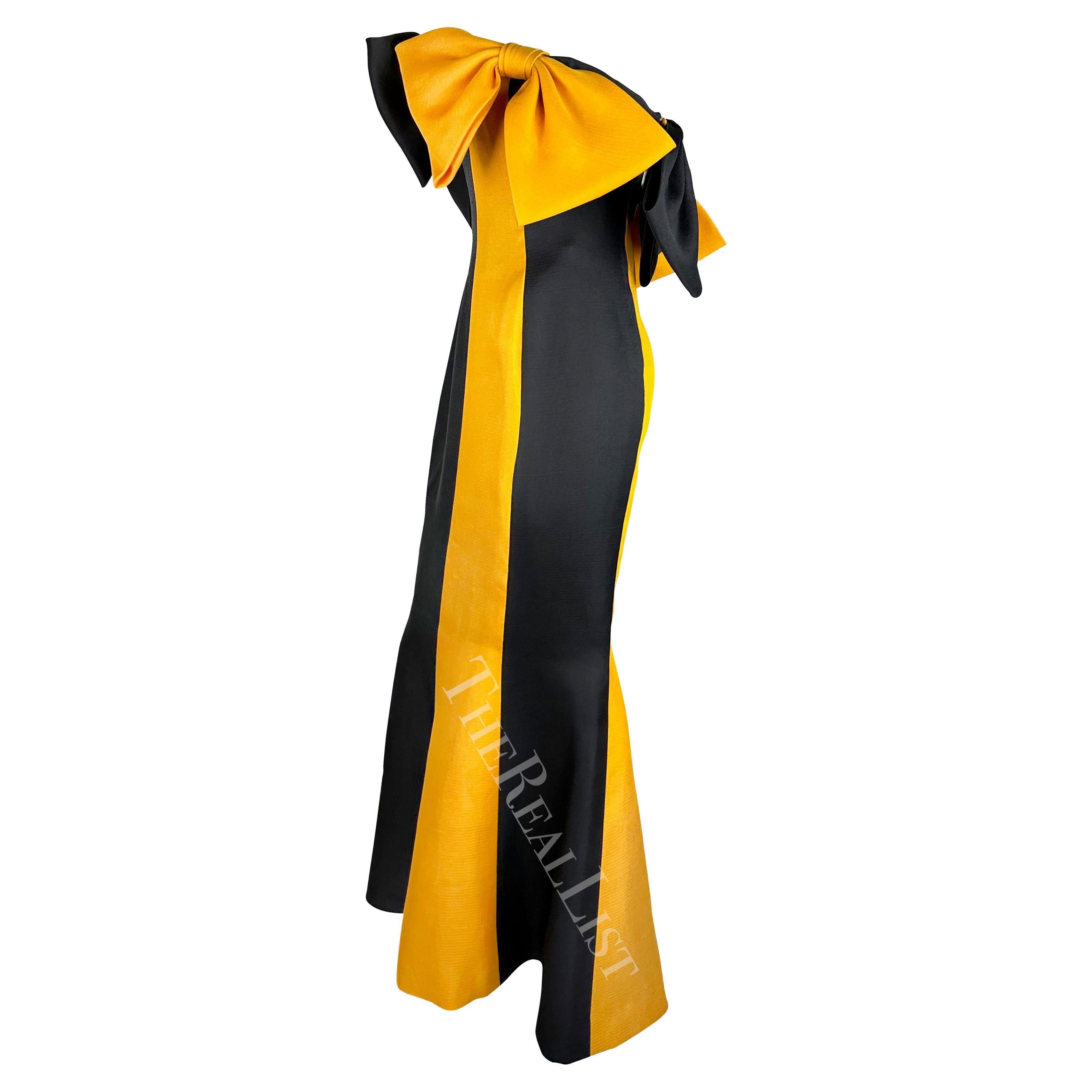 S/S 1987 Givenchy Haute Couture Runway Yellow Black Bow Trumpet Flare Gown For Sale 3