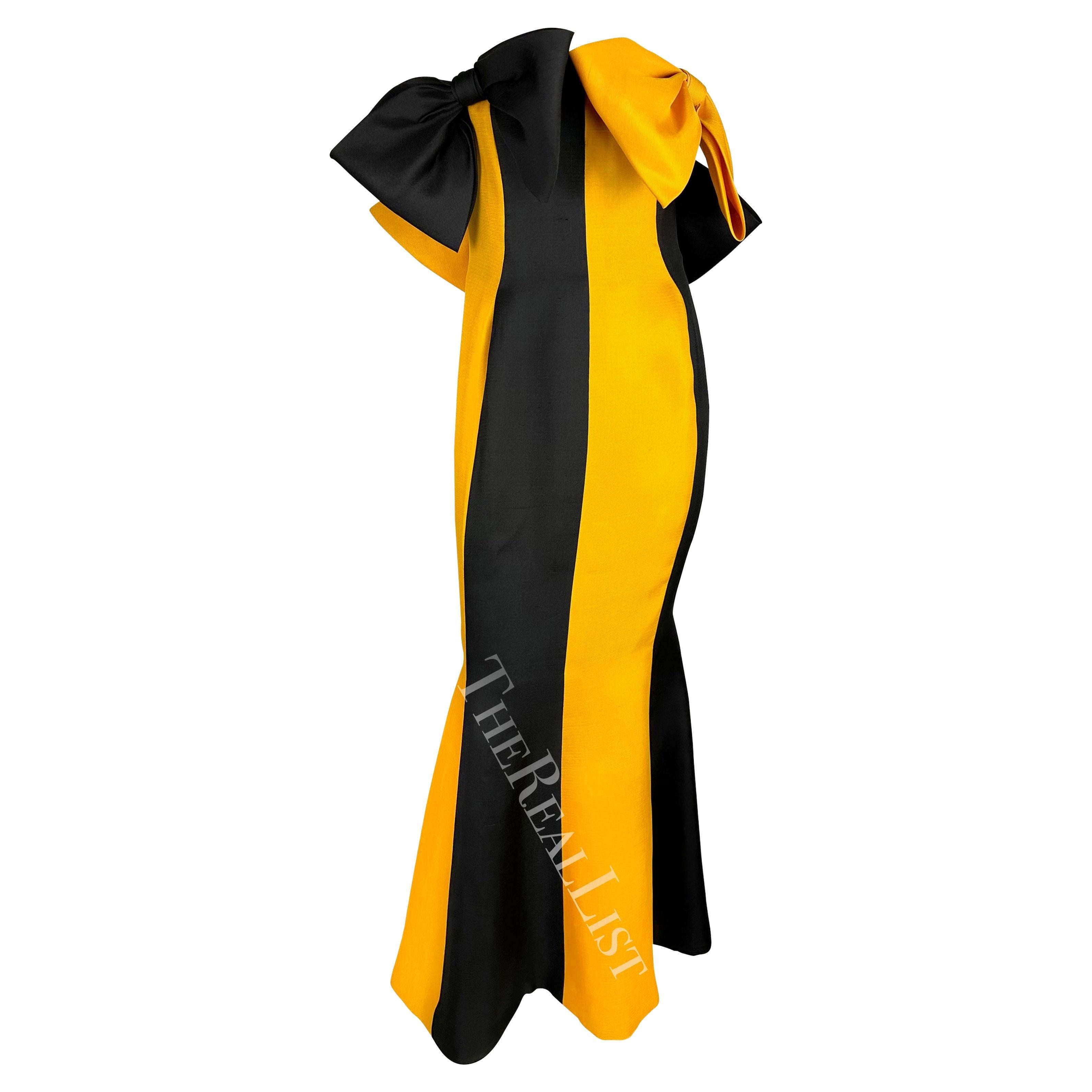 S/S 1987 Givenchy Haute Couture Runway Yellow Black Bow Trumpet Flare Gown For Sale
